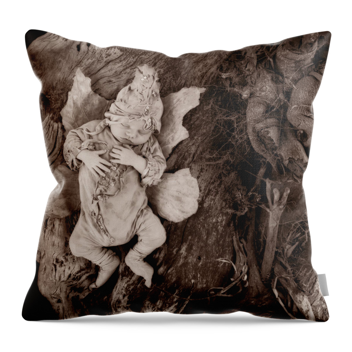 Sepia Throw Pillow featuring the photograph Driftwood Fairy by Anne Geddes