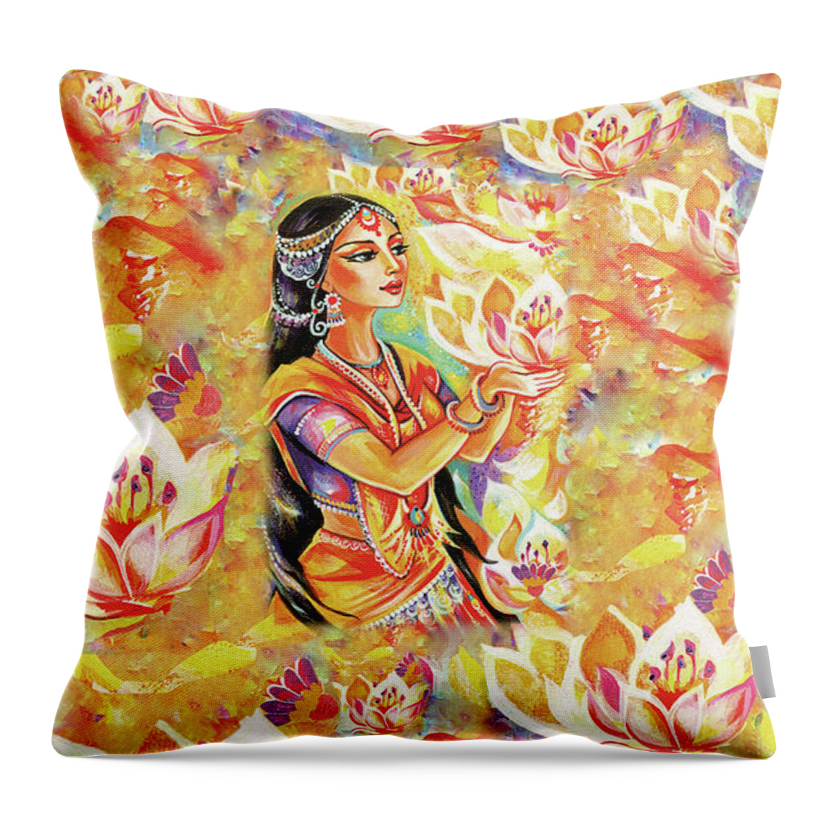 Indian Goddess Throw Pillow featuring the painting Pray of the Lotus River by Eva Campbell