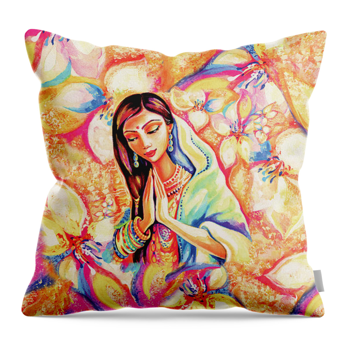 Praying Woman Throw Pillow featuring the painting Little Himalayan Pray by Eva Campbell