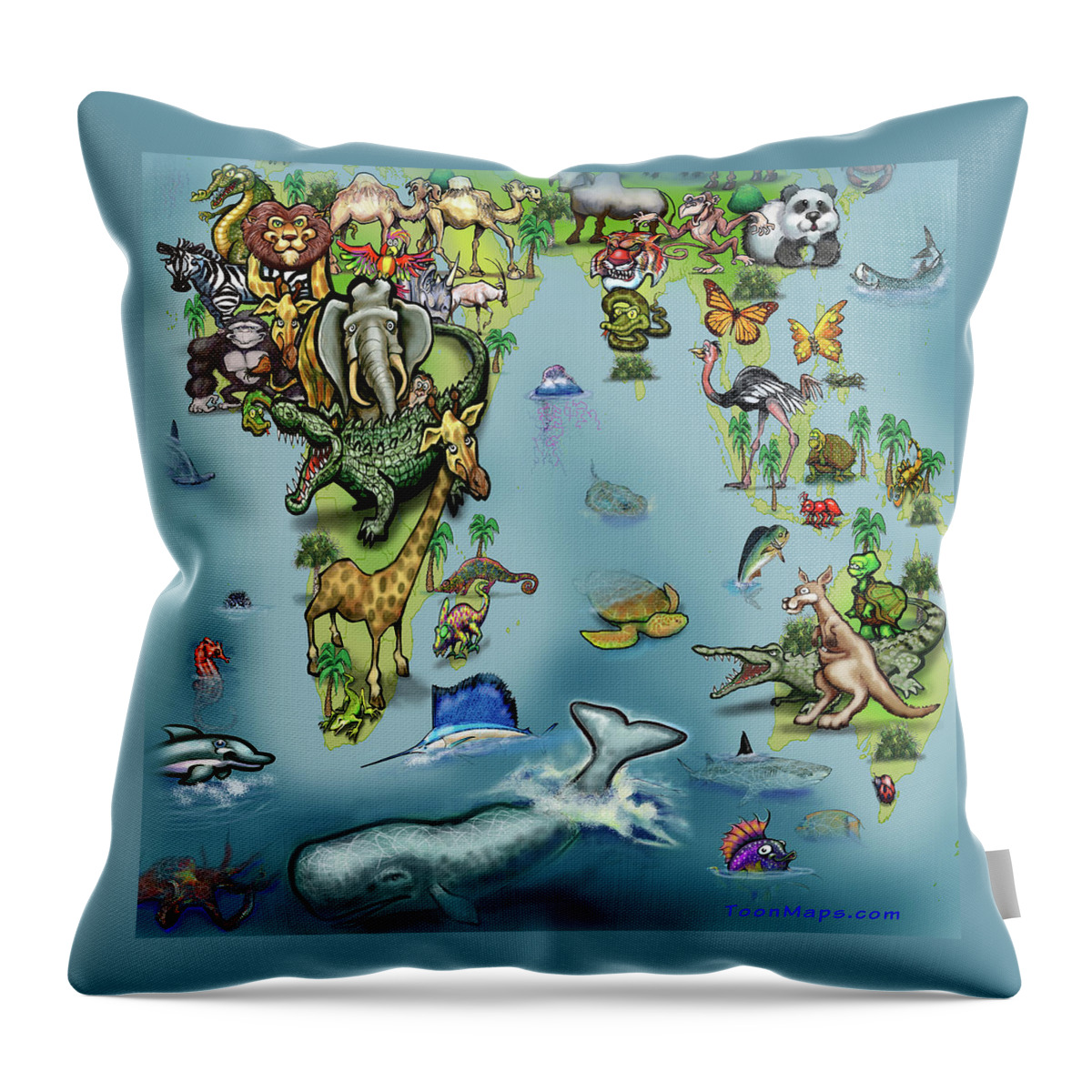 Africa Throw Pillow featuring the digital art Africa Oceania Animals Map by Kevin Middleton