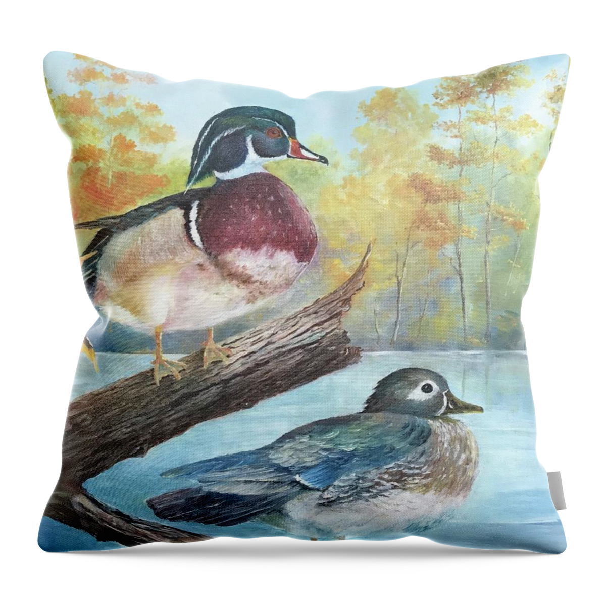 Duck Throw Pillow featuring the painting Wood Ducks by ML McCormick