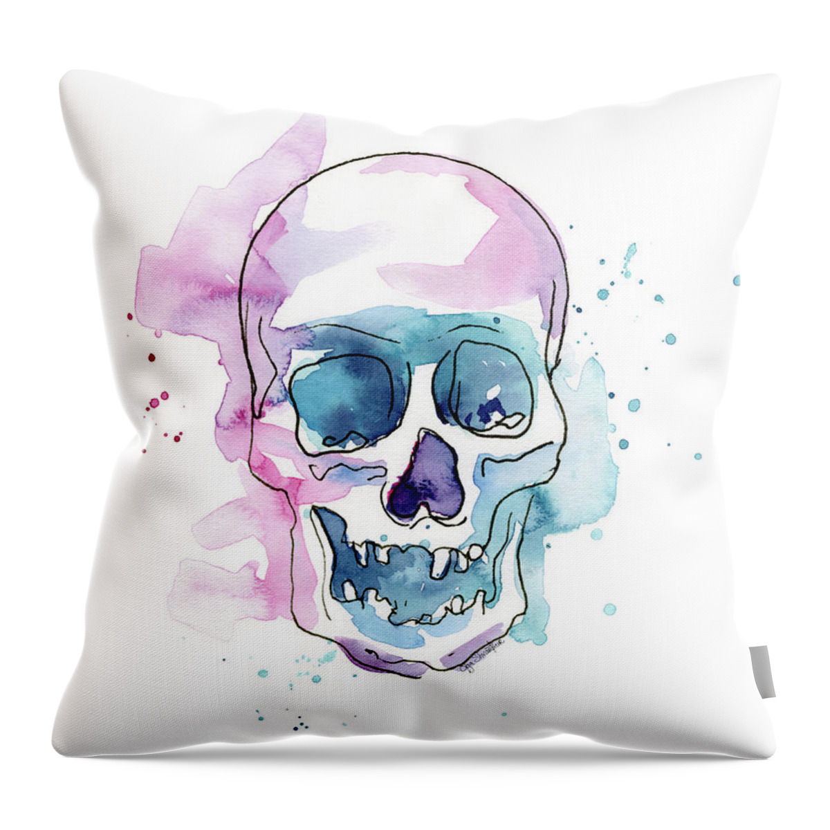 Skull Throw Pillow featuring the painting Skull Watercolor Abstract by Olga Shvartsur