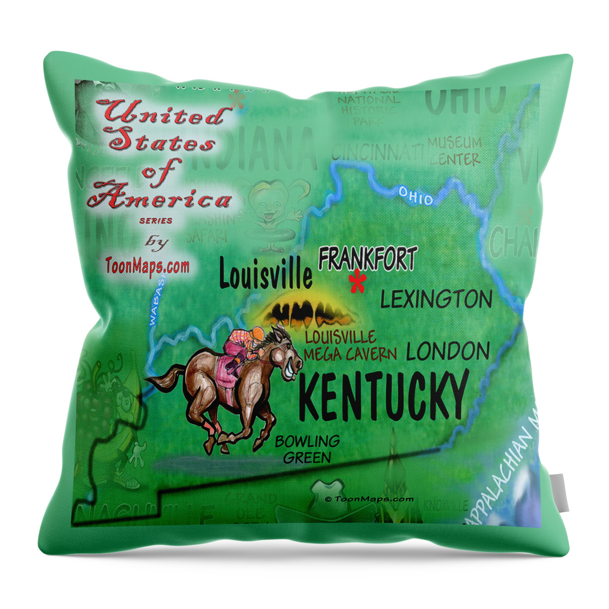 Kentucky Throw Pillow featuring the digital art Kentucky Fun Map by Kevin Middleton