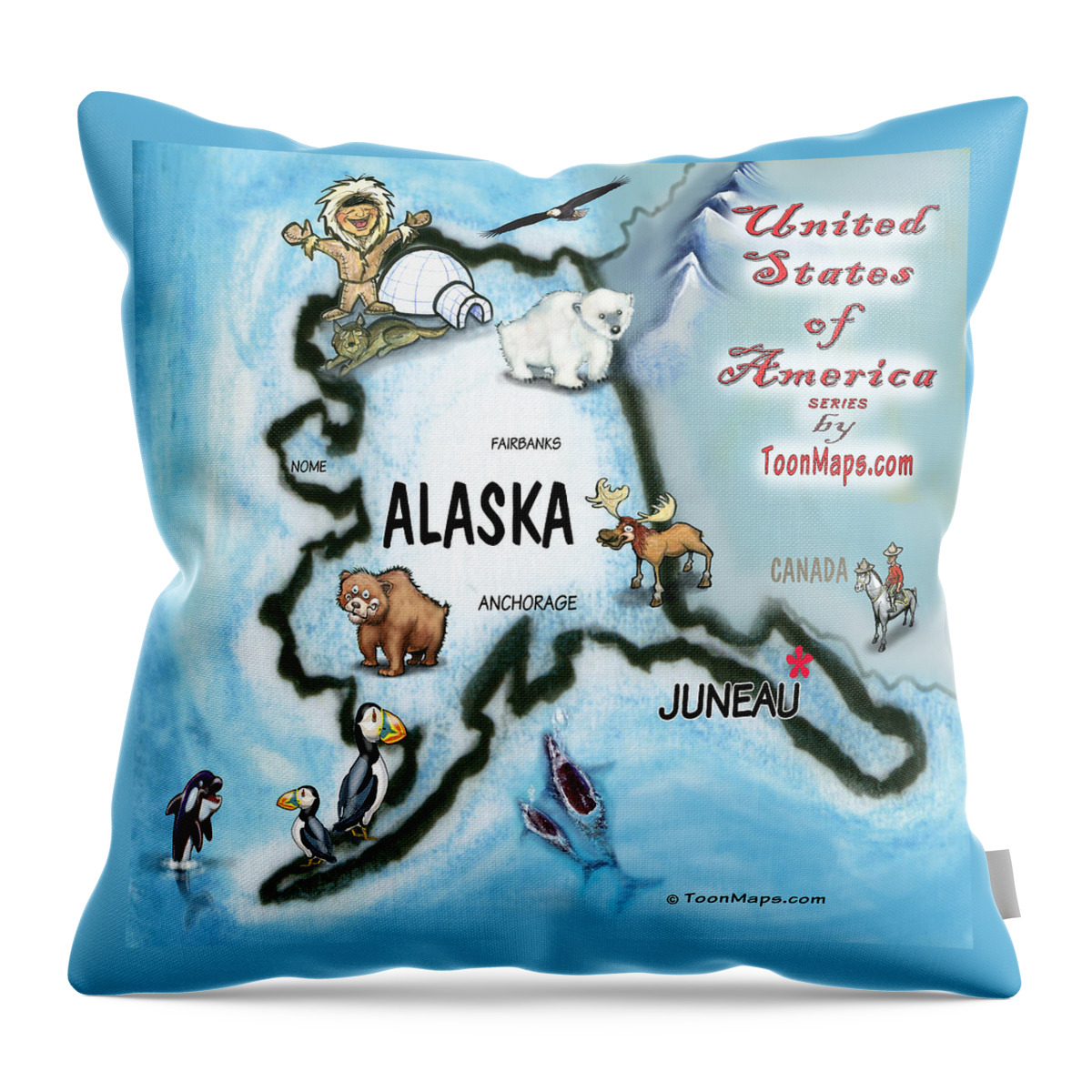 Alaska Throw Pillow featuring the digital art Alaska Fun Map by Kevin Middleton