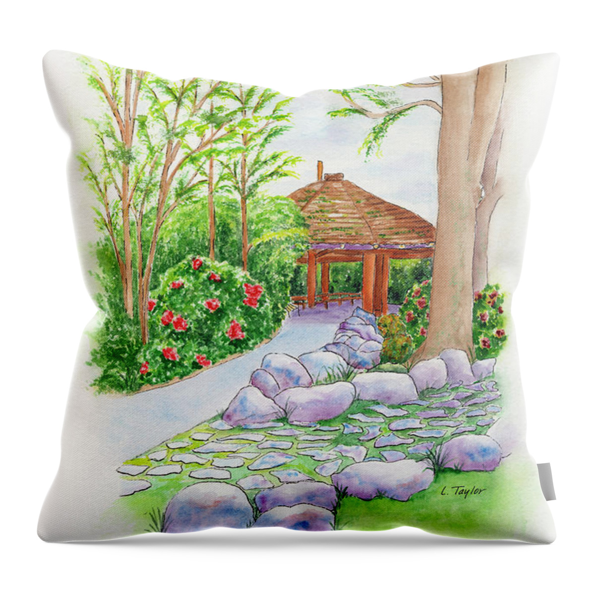 Gazebo Throw Pillow featuring the painting Pavilion Pathway by Lori Taylor