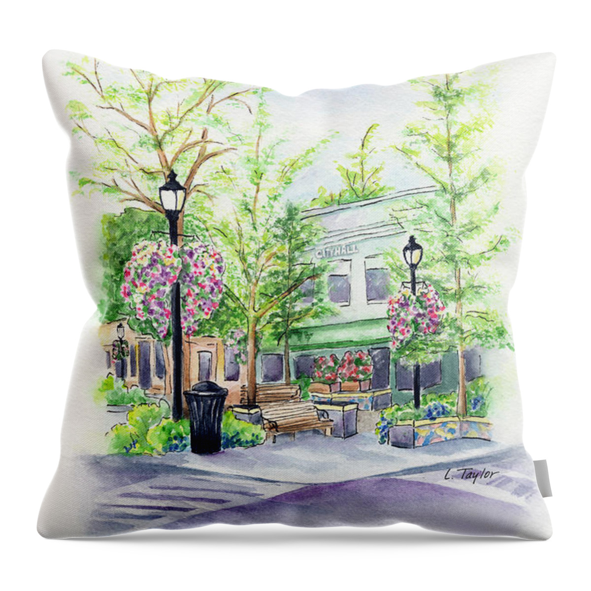 Small Town Throw Pillow featuring the painting Across the Plaza by Lori Taylor