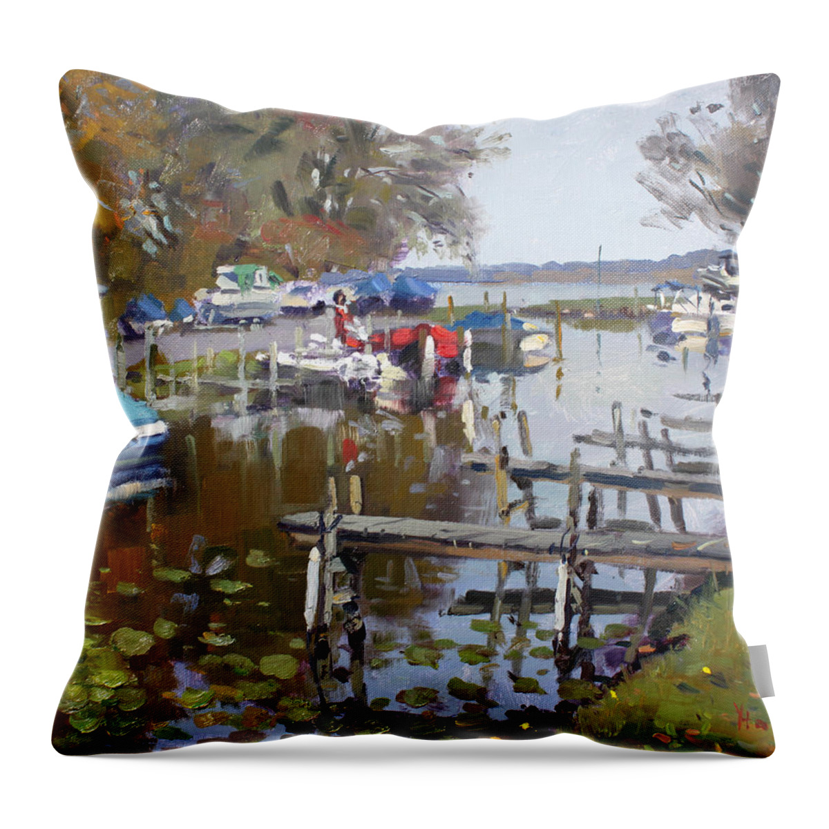 Ashville Throw Pillow featuring the painting Ashville Bay Marina by Ylli Haruni