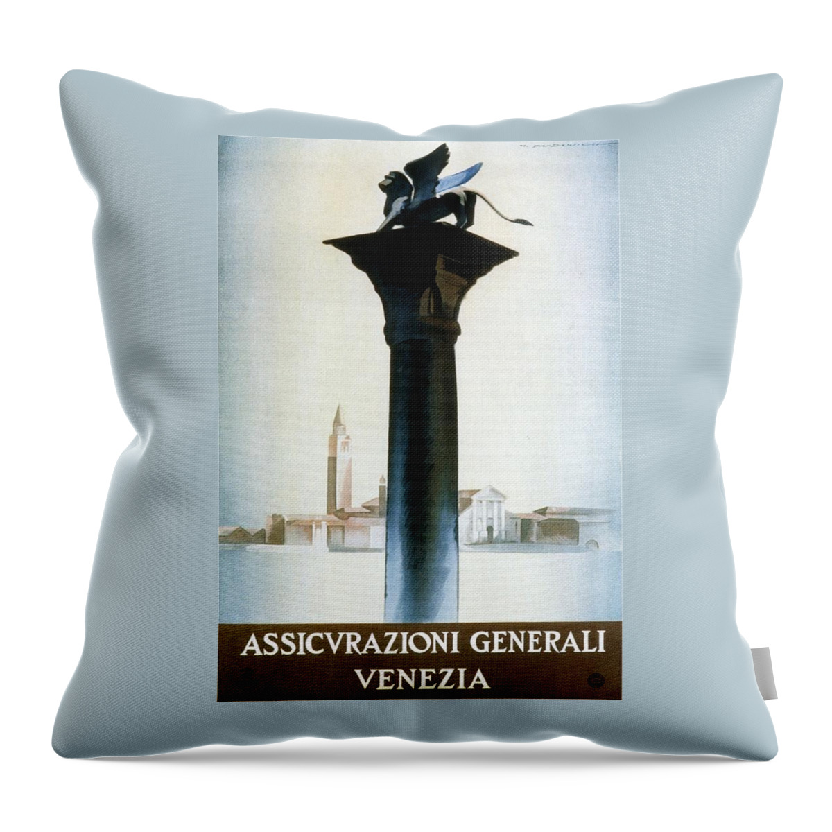 Assicurazioni Generali Throw Pillow featuring the mixed media Assicurazioni Generali Venezia - Venice, Italy - Retro travel Poster - Vintage Poster by Studio Grafiikka