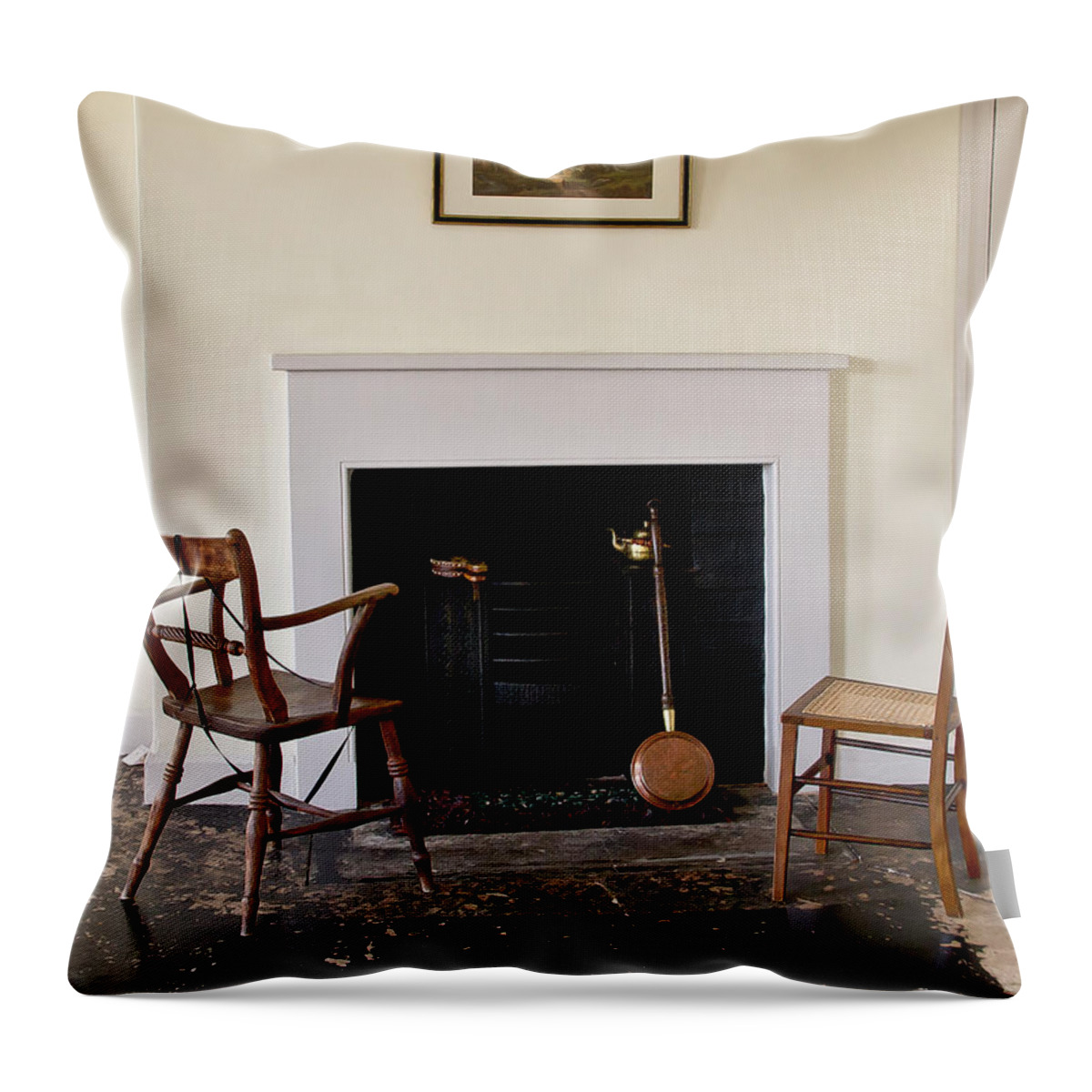 Fireplace Throw Pillow featuring the photograph At the cold fireplace. by Elena Perelman