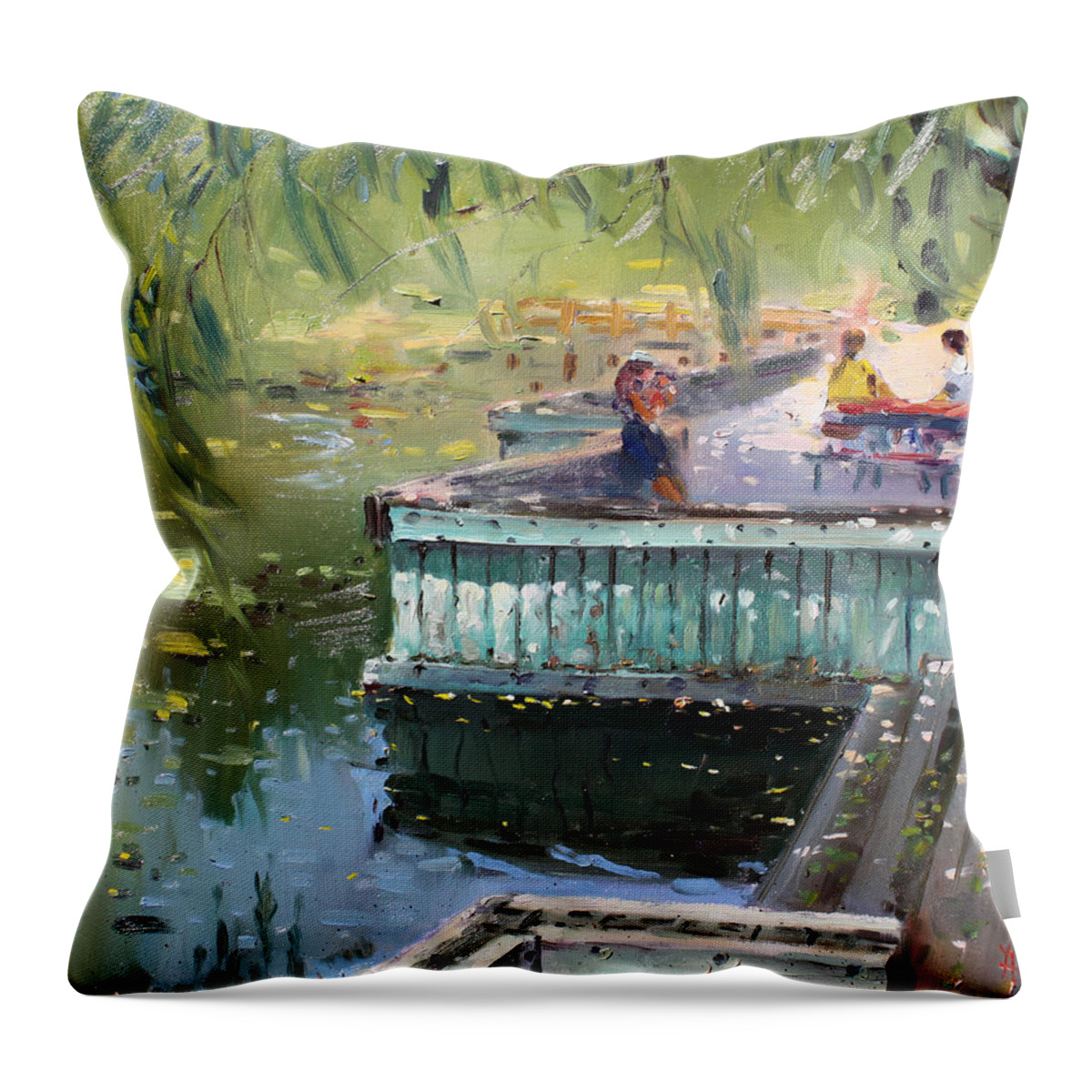 Park Throw Pillow featuring the painting At the Park by the Water by Ylli Haruni