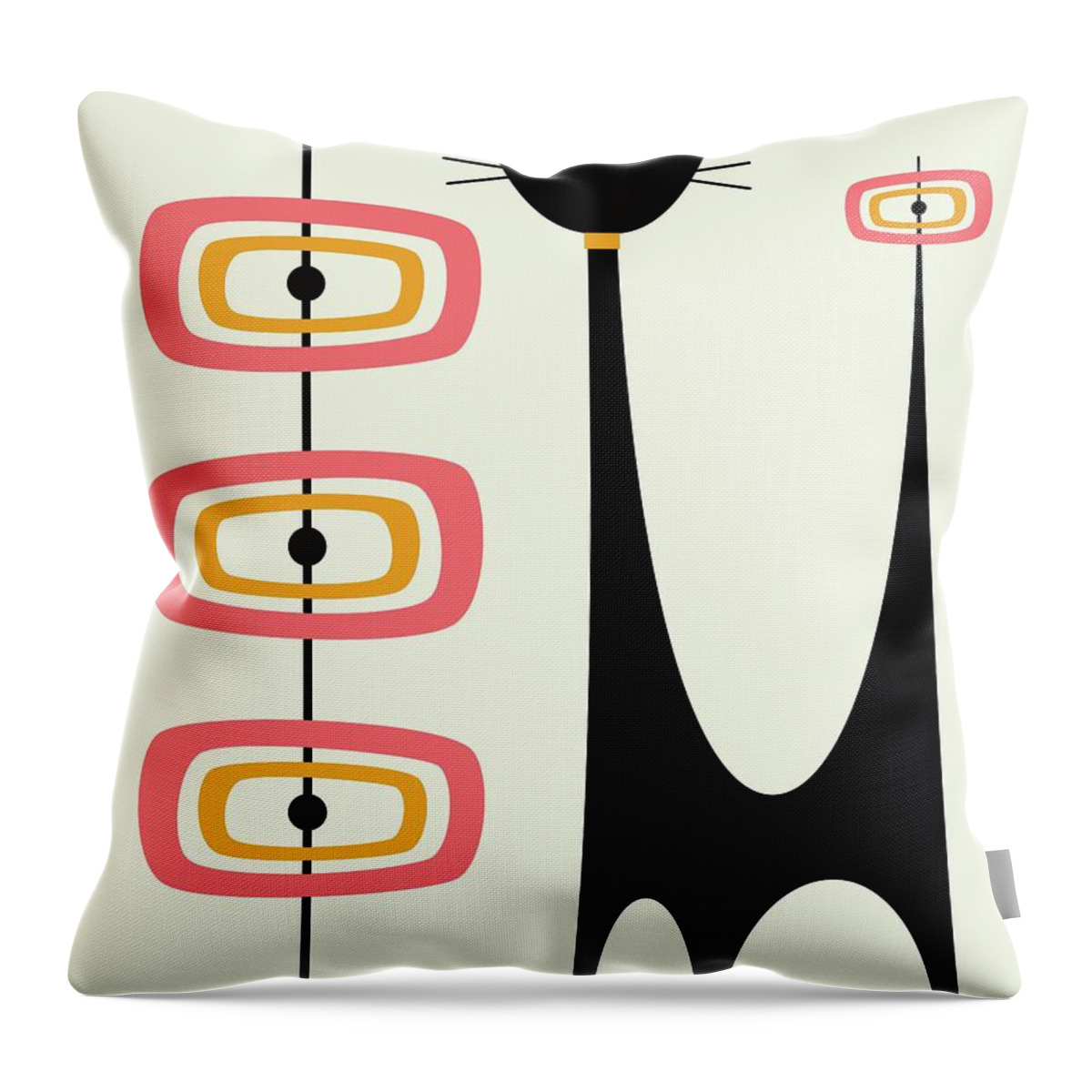 Mid Century Modern Throw Pillow featuring the digital art Atomic Cat Orbs Pink and Gold on Cream by Donna Mibus