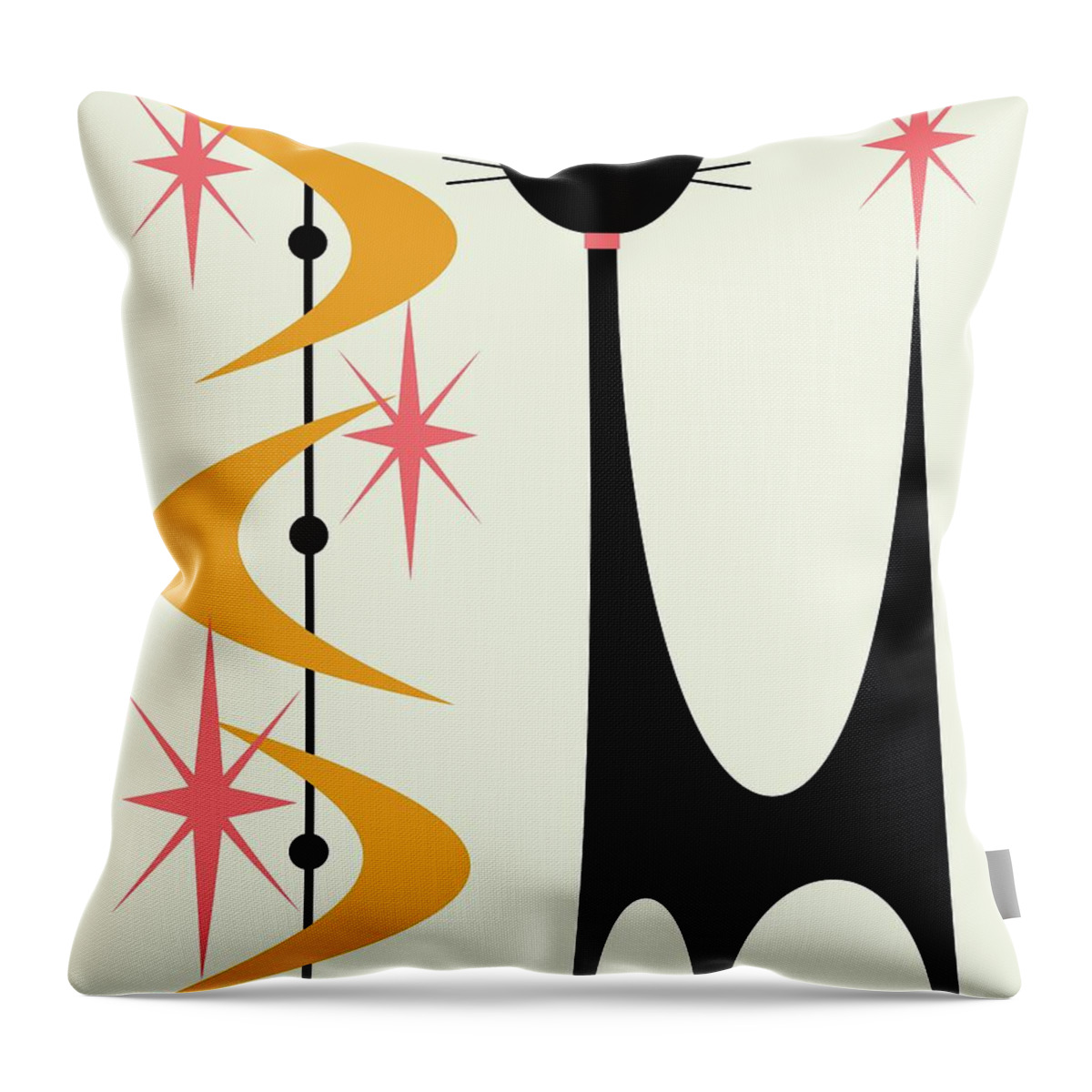 Mid Century Modern Throw Pillow featuring the digital art Atomic Cat Pink and Gold on Cream by Donna Mibus