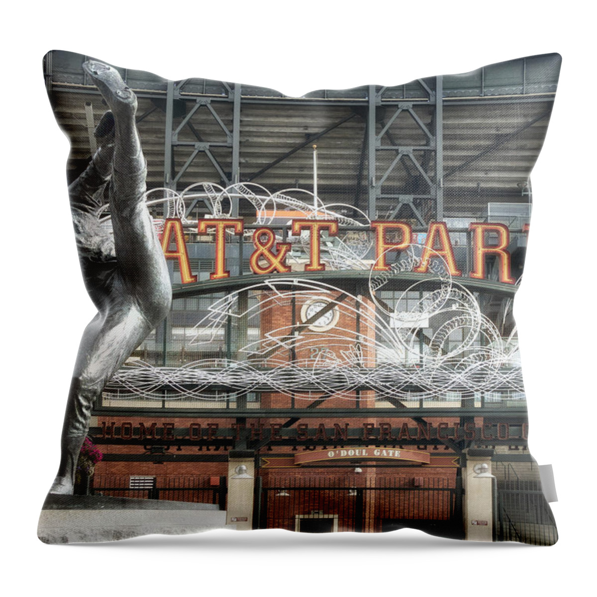 Sf Giants Throw Pillow featuring the photograph ATT Ballpark with Juan Marichal Statue by Jessica Levant
