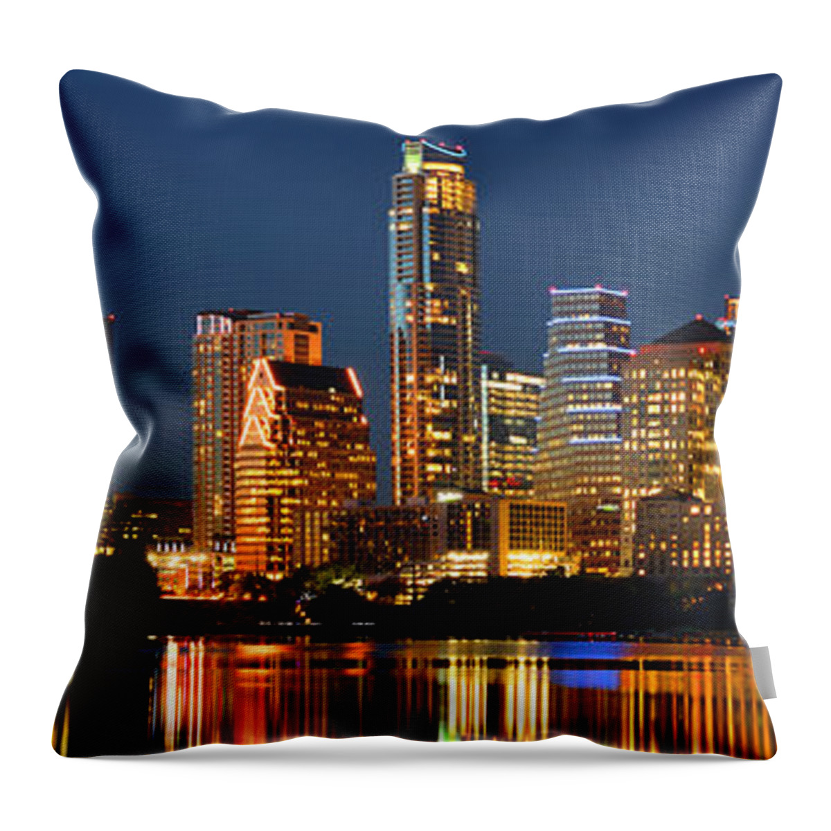 Austin Skyline Throw Pillow featuring the photograph Austin Skyline at Night Color Panorama Texas by Jon Holiday