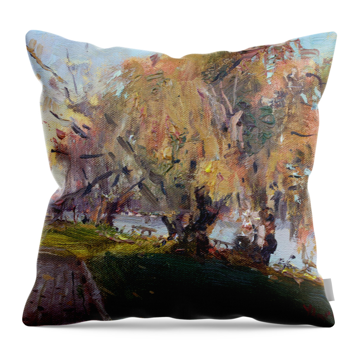 Autumn Chautauqua Lake Throw Pillow featuring the painting Autumn at Chautauqua Lake by Ylli Haruni