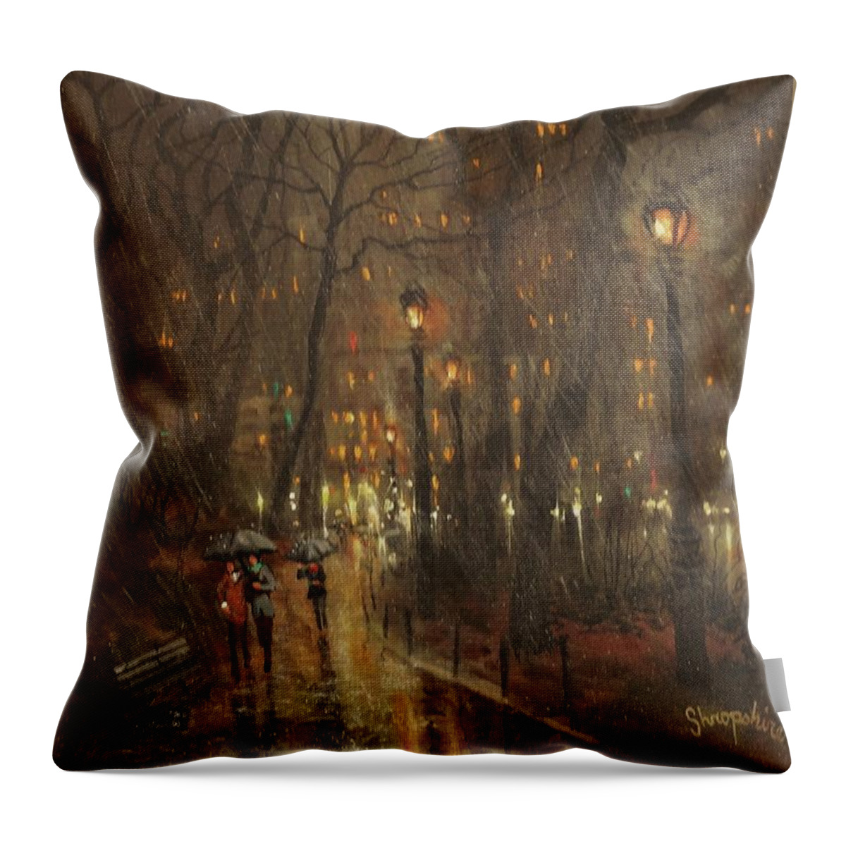 City Rain Throw Pillow featuring the painting Autumn Rain by Tom Shropshire