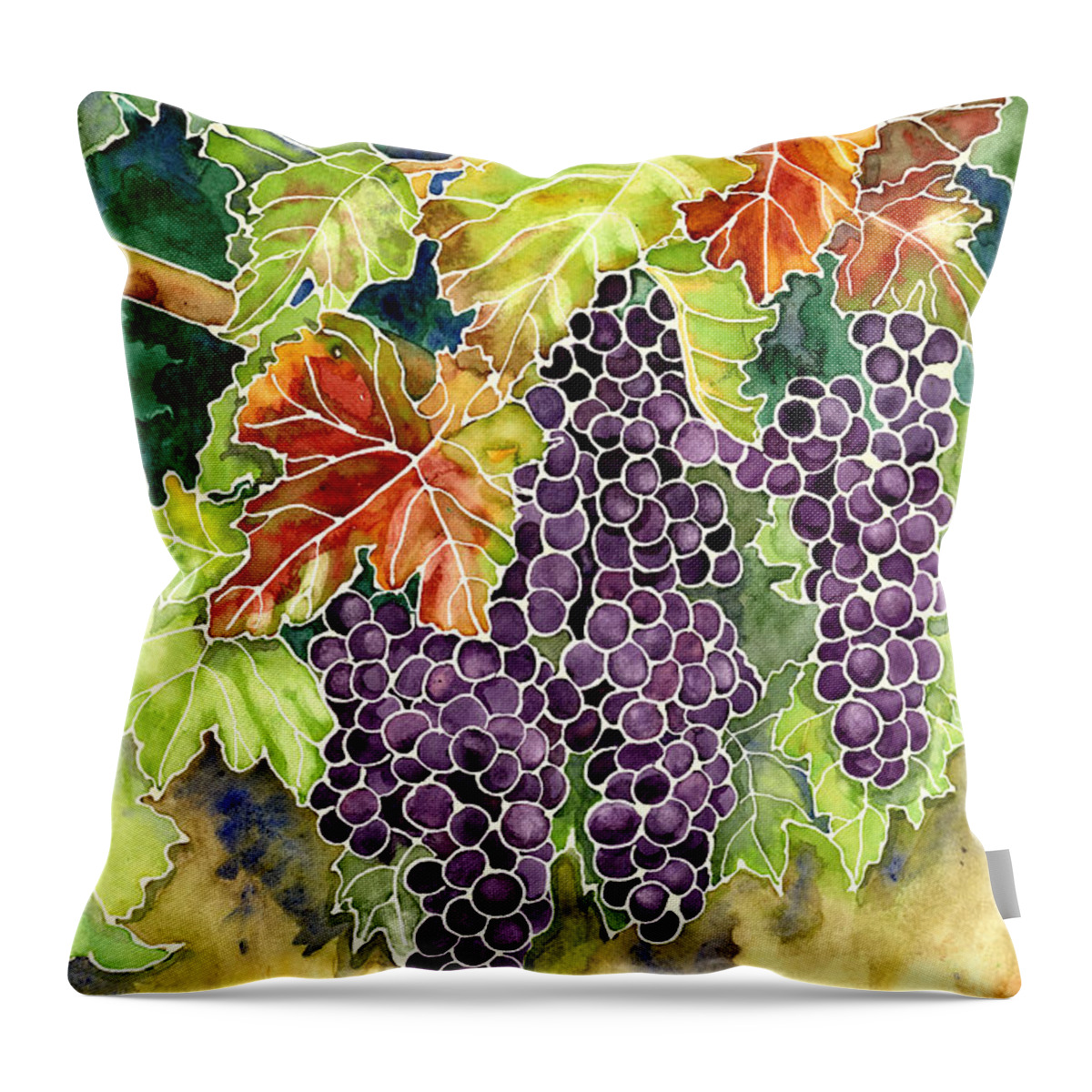 Cabernet Sauvignon Grapes Throw Pillow featuring the painting Autumn Vineyard in its Glory - Batik Style by Audrey Jeanne Roberts