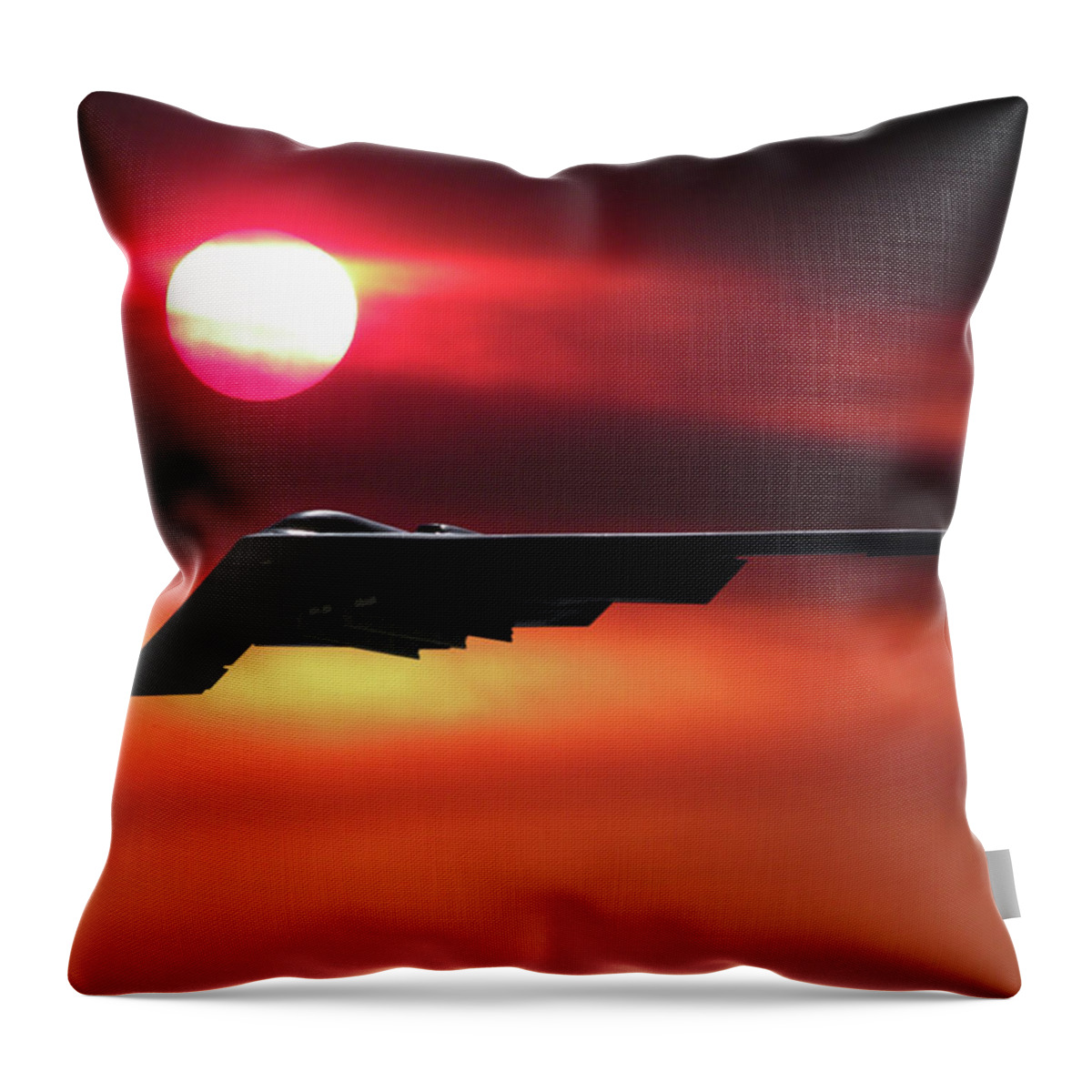 B-2 Stealth Bomber Throw Pillow featuring the mixed media B-2 Stealth Bomber in the Sunset by Erik Simonsen