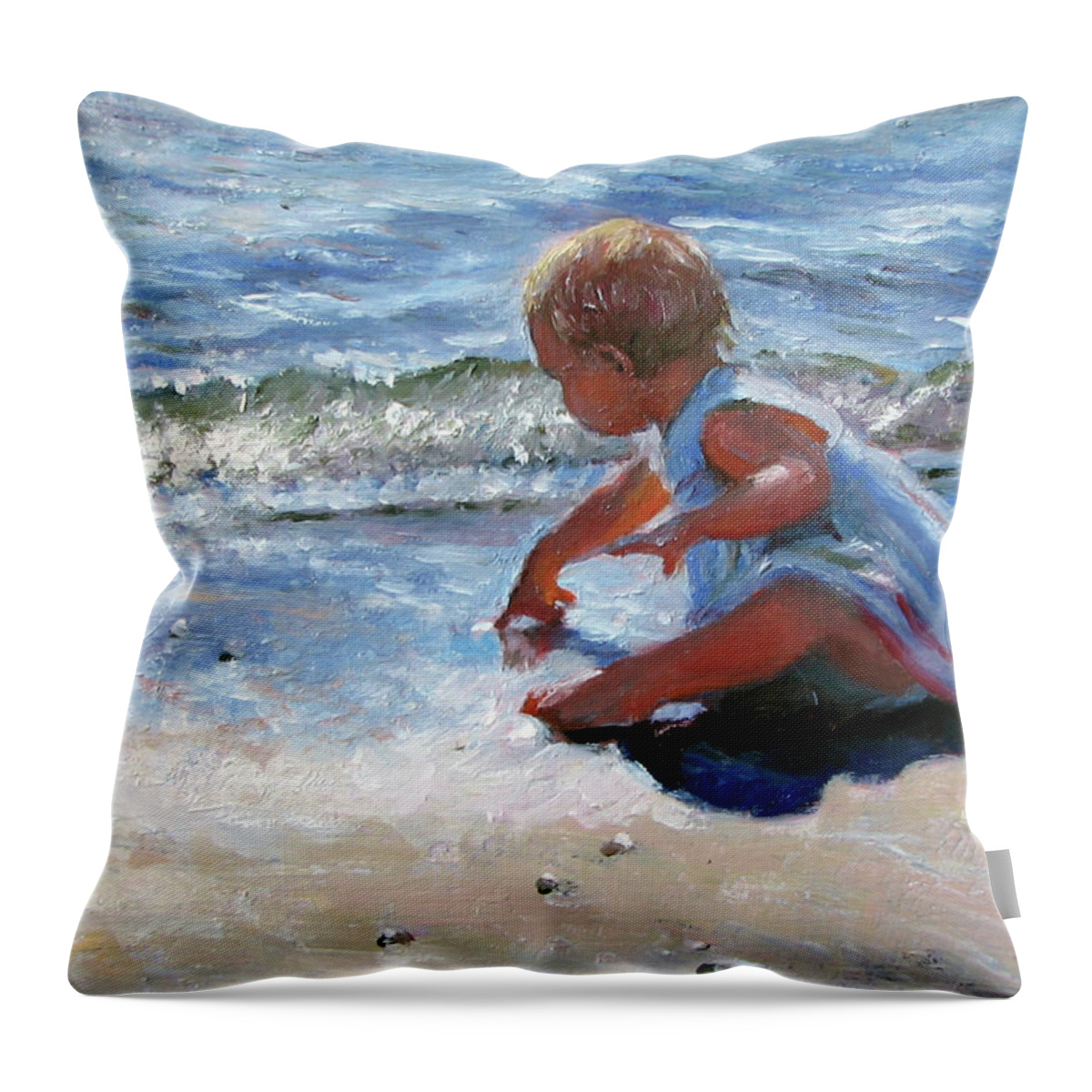 Babies Throw Pillow featuring the painting Baby and the Beach by Marie Witte