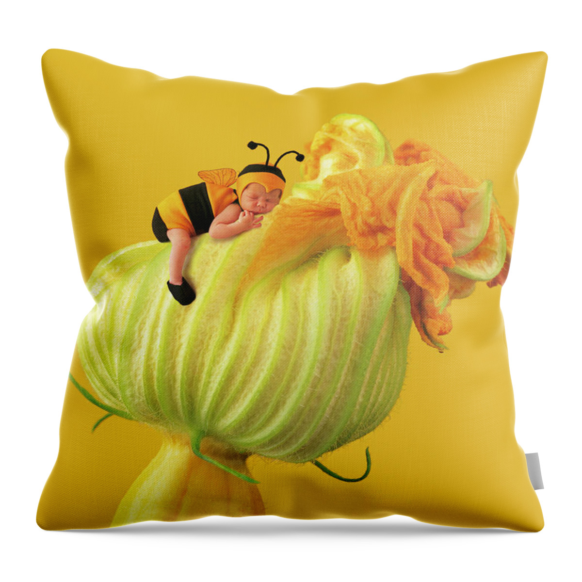 Yellow Throw Pillow featuring the photograph Baby Bee on a Pumpkin Flower by Anne Geddes