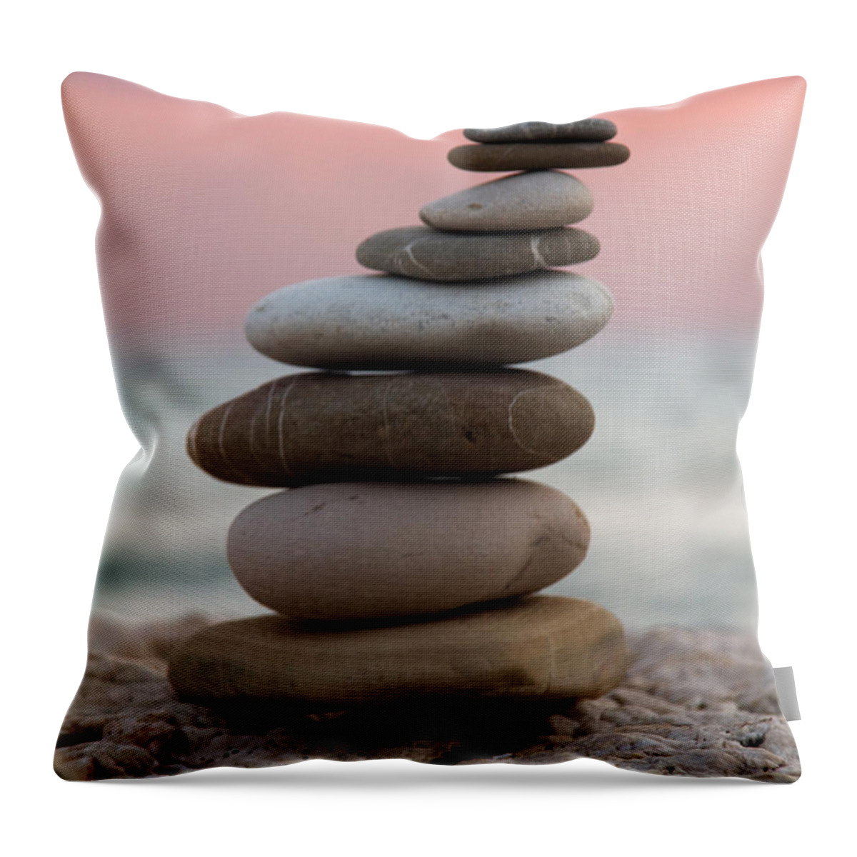 Arrangement Background Balance Beach Beauty Blue Building Color Colour Concept Concepts Construction Design Energy Group Heap Isolated Life Light Natural Nature Ocean Outdoor Pattern Peace Pebble Relax Rock Sand Scene Sea Shape Simplicity Sky Spa Space Stability Stack Stone Summer Sun Top Tower Tranquil Travel Vacation Water White Zen Throw Pillow featuring the photograph Balance by Stelios Kleanthous