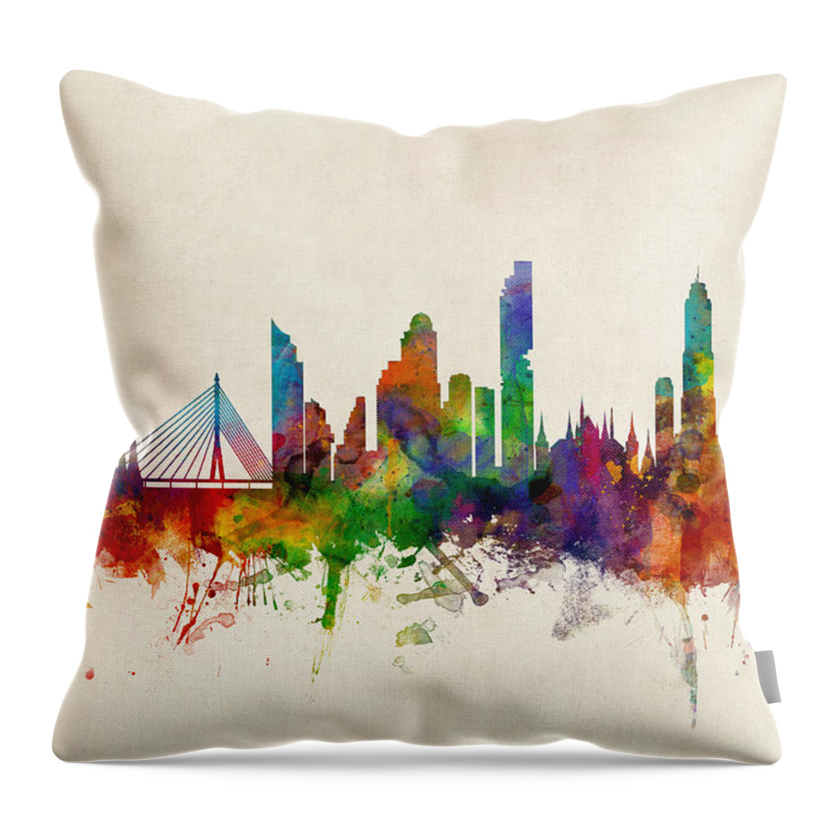 Watercolor Art Print Of The Skyline Of Bangkok Throw Pillow featuring the digital art Bangkok Thailand Skyline by Michael Tompsett