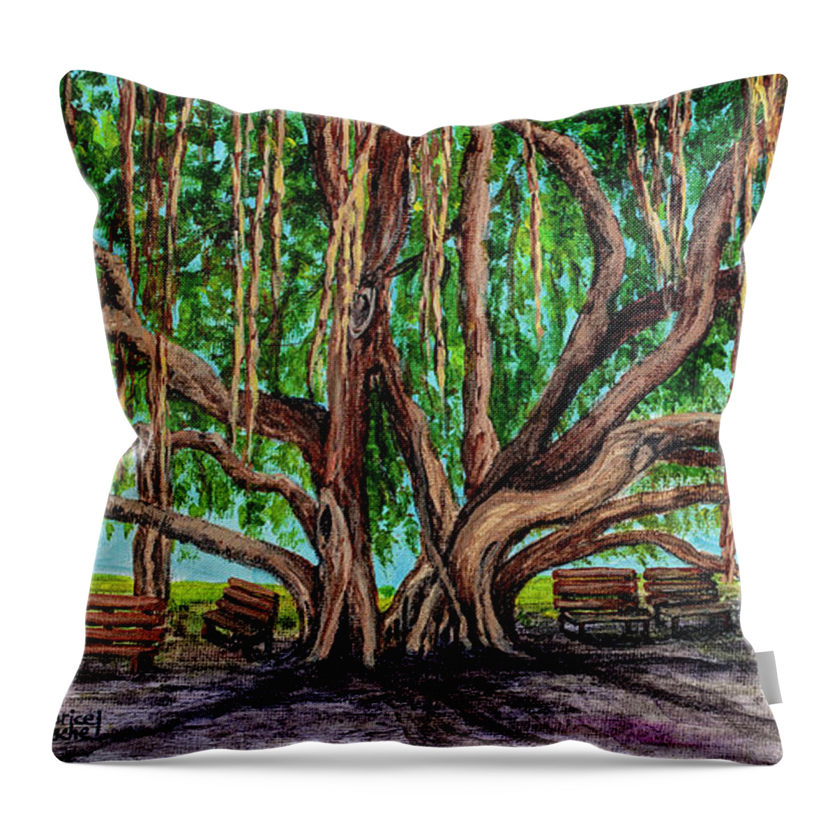 Banyan Tree Park Throw Pillow featuring the painting Banyan Tree Park by Darice Machel McGuire