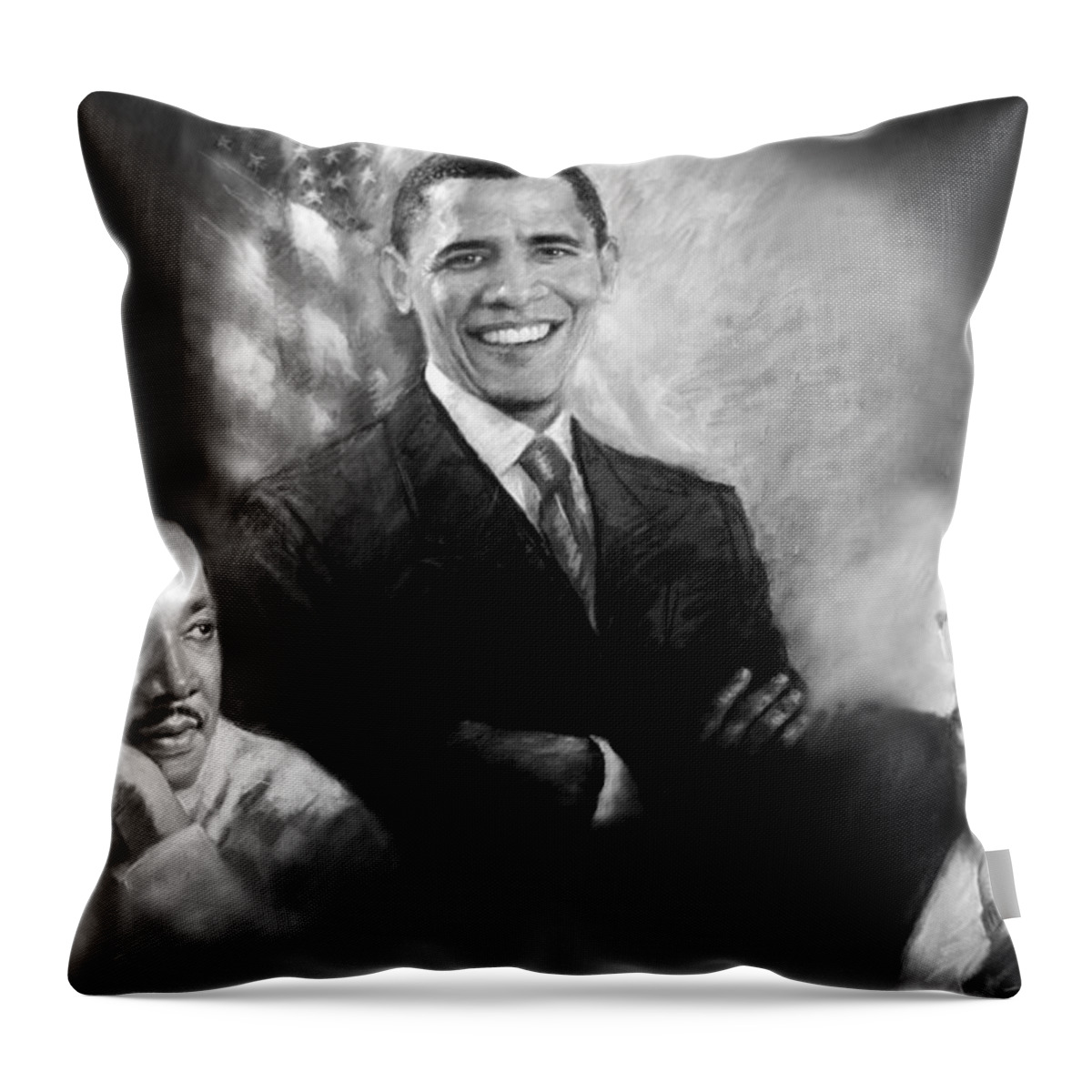 Barack Obama Throw Pillow featuring the pastel Barack Obama Martin Luther King Jr and Malcolm X by Ylli Haruni