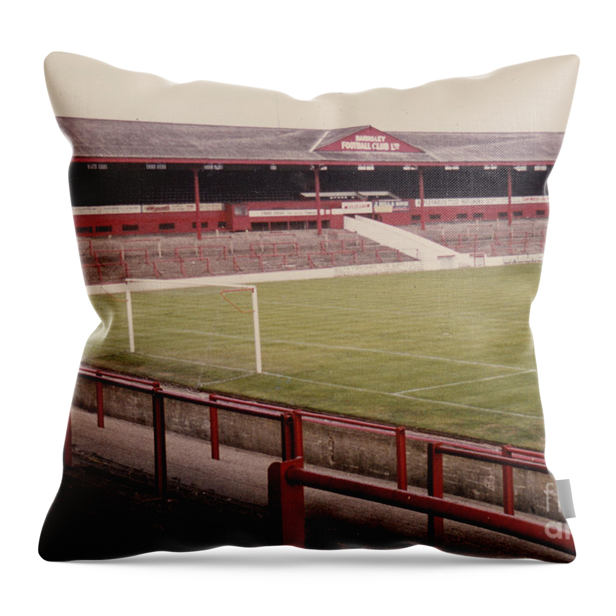  Throw Pillow featuring the photograph Barnsley - Oakwell Stadium - West Stand 1 - 1970s by Legendary Football Grounds