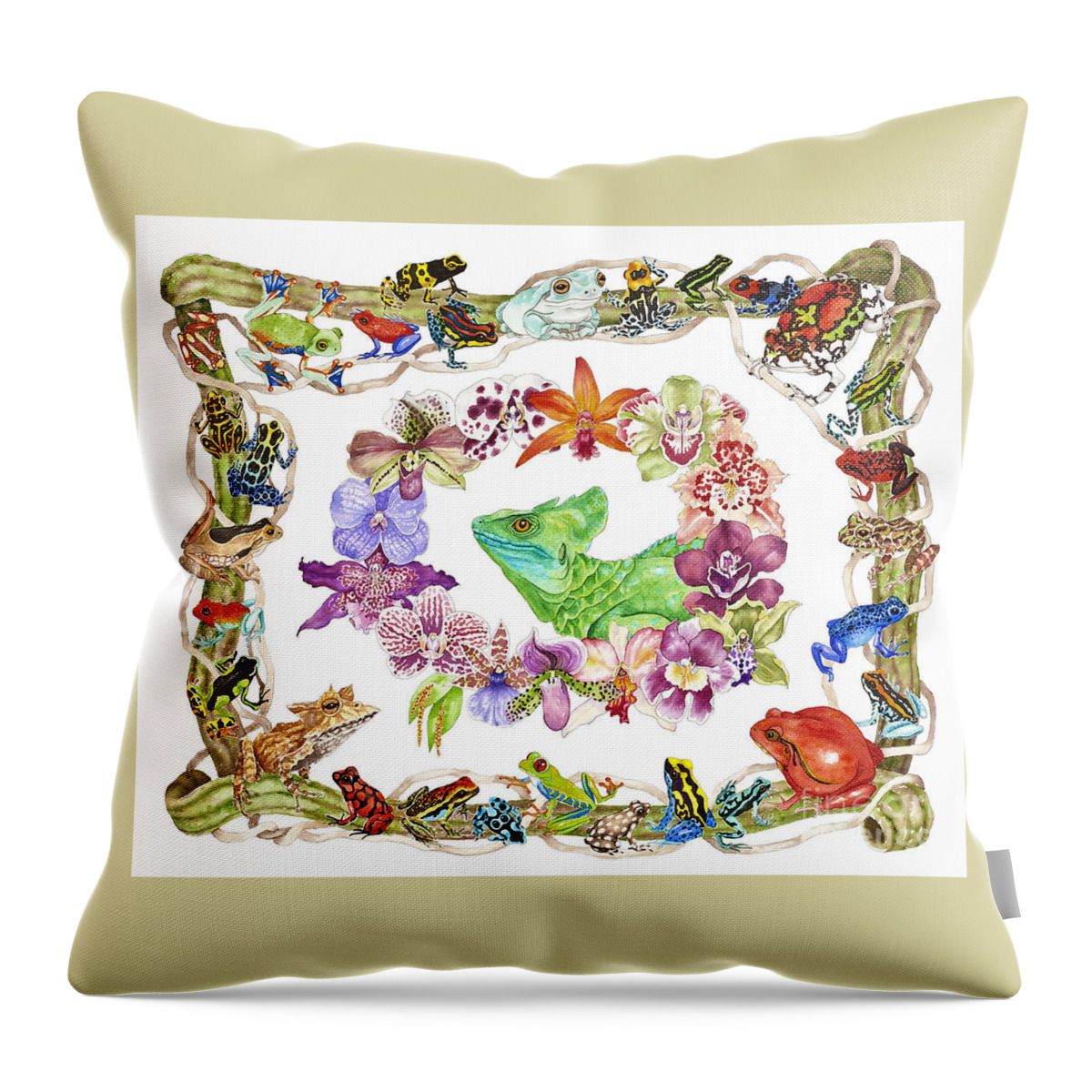 Frogs Throw Pillow featuring the painting Basilisk, Orchids, Frogs by Lucy Arnold