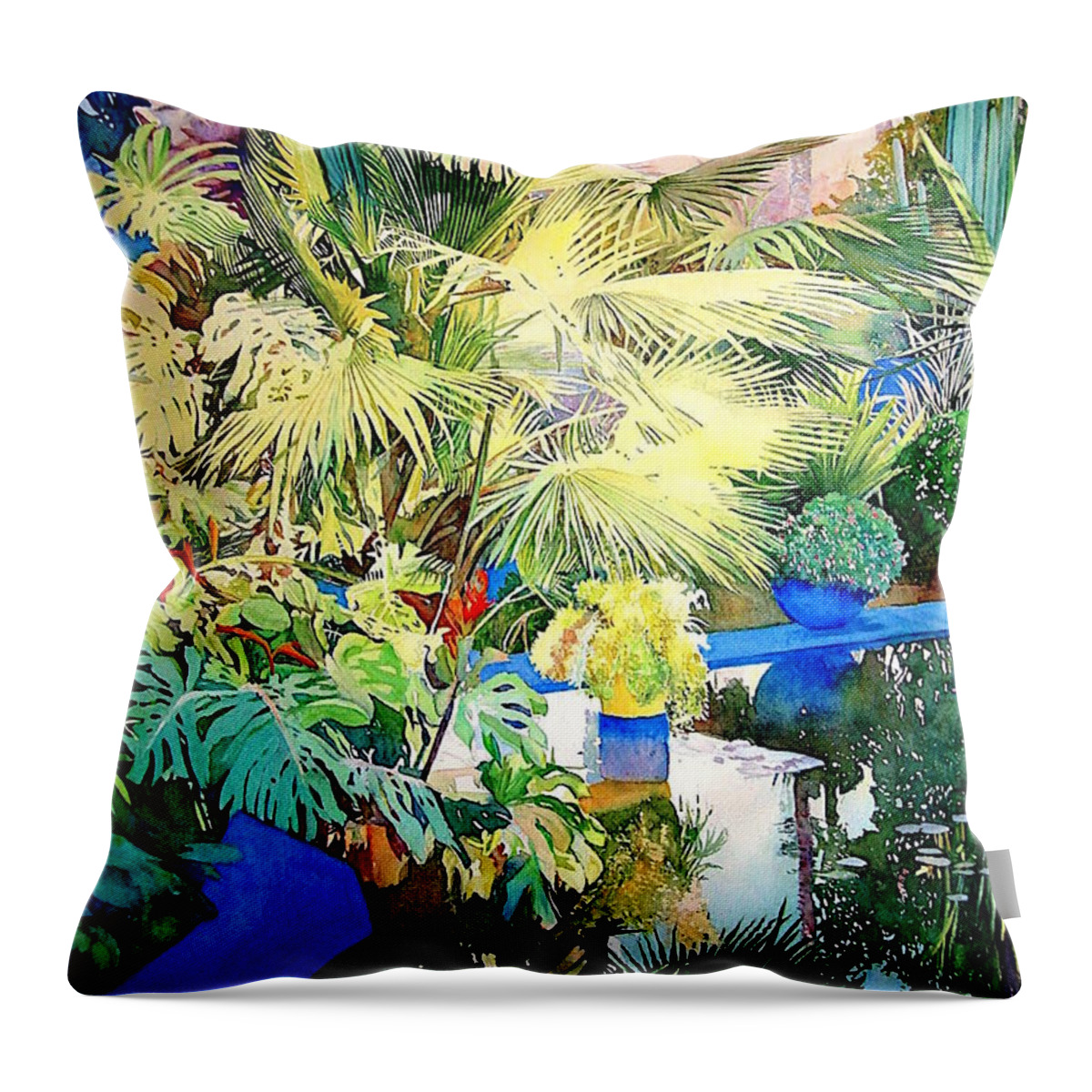  Exotic Throw Pillow featuring the painting Bassin - Jardin Majorelle - Marrakech - Maroc by Francoise Chauray