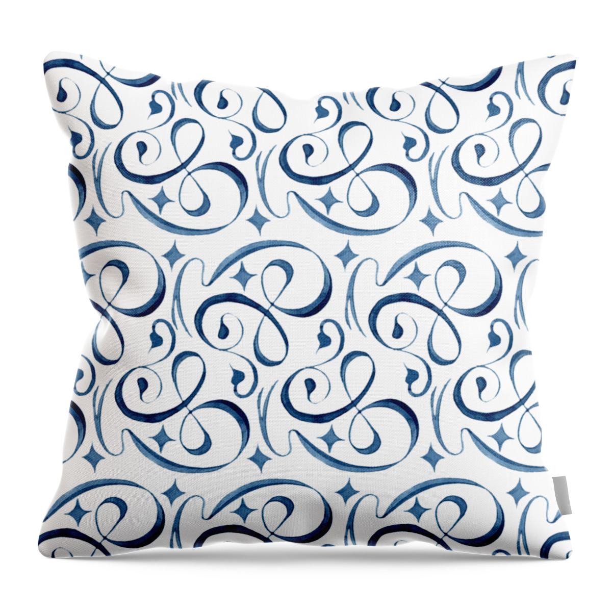 Indigo Blue Throw Pillow featuring the painting Beach House Indigo Star Swirl Scroll Pattern by Audrey Jeanne Roberts