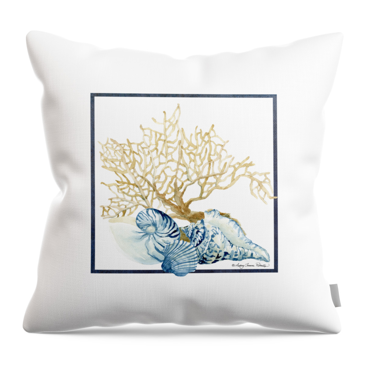 Sea Throw Pillow featuring the painting Beach House Nautilus Scallop n Conch with Tan Fan Coral by Audrey Jeanne Roberts