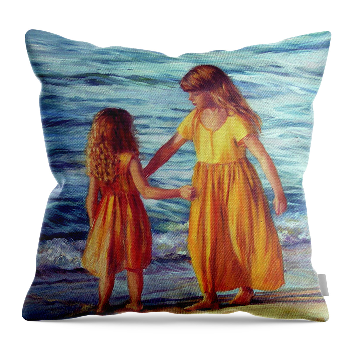 Two Sisters Throw Pillow featuring the painting Beach Play by Marie Witte