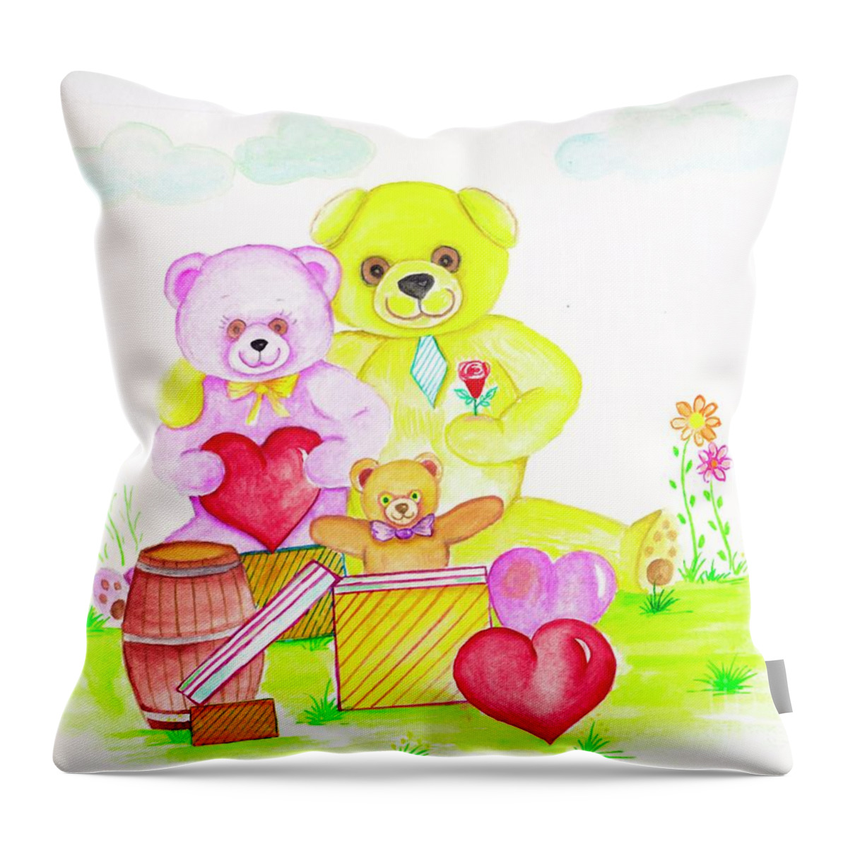Bear Family Throw Pillow featuring the painting Bear Family by Sudakshina Bhattacharya