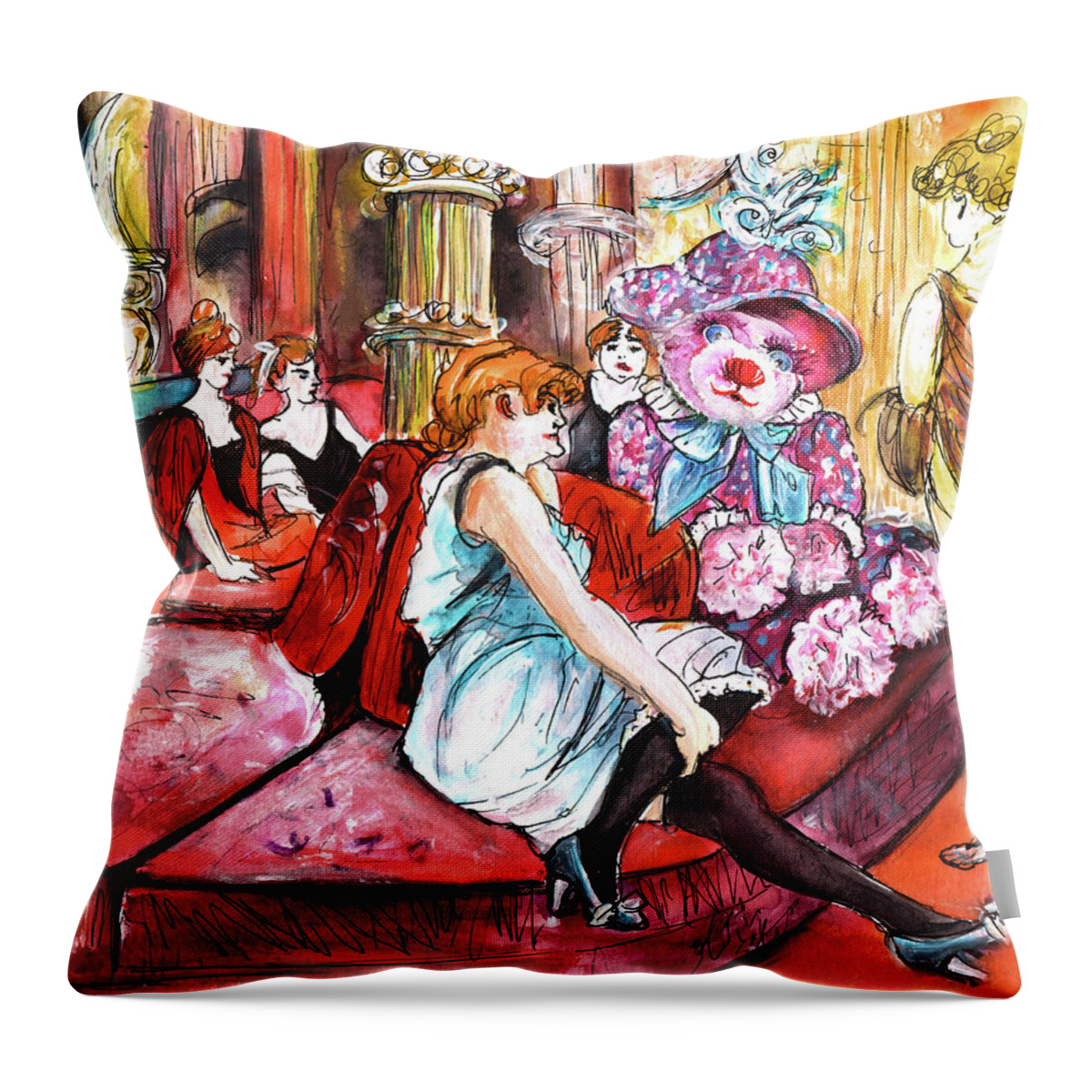 Truffle Mcfurry Throw Pillow featuring the painting Bearnadette In The Salon Rue Des Moulins In Paris by Miki De Goodaboom