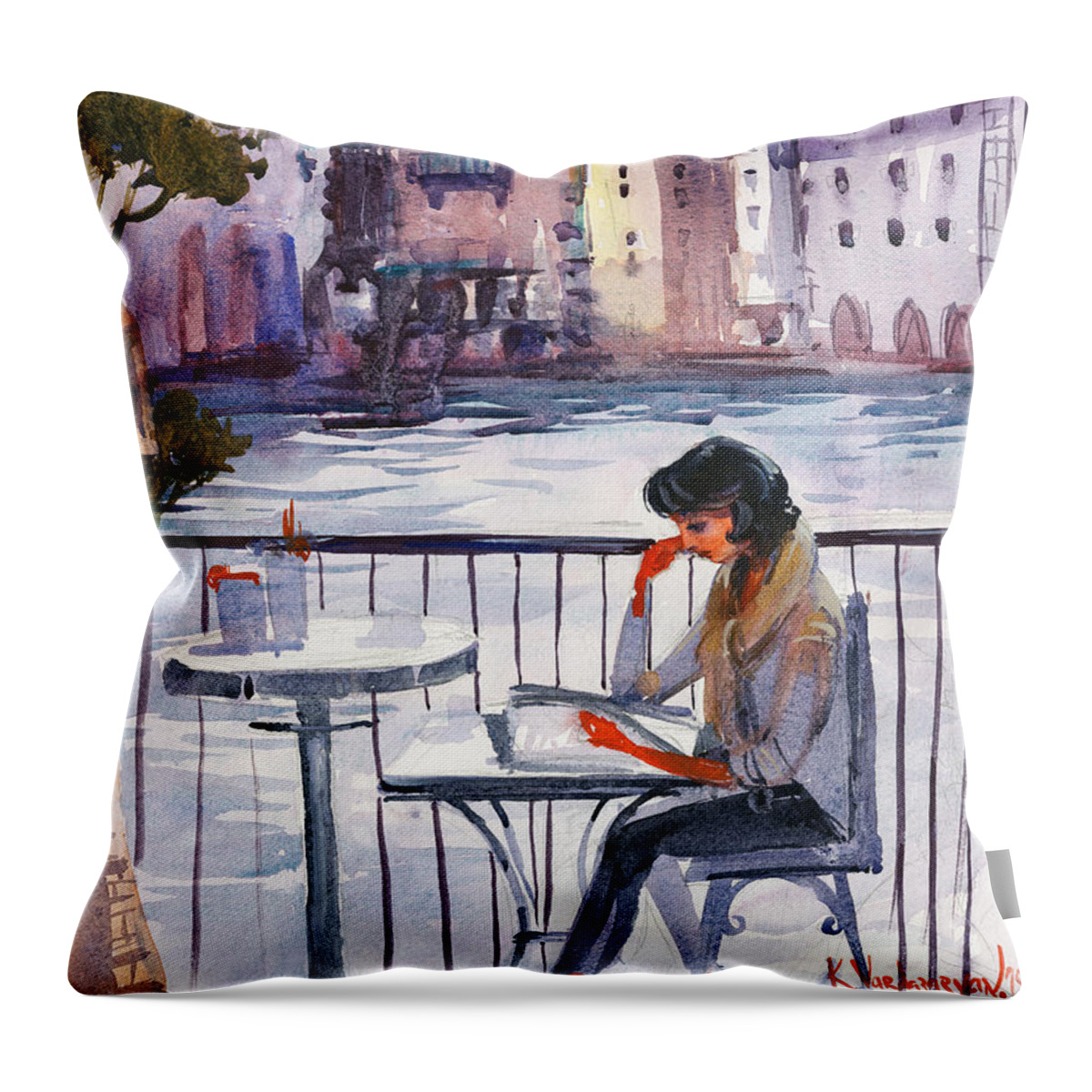 Landscape Throw Pillow featuring the painting Beautiful Day, Reading by Kristina Vardazaryan