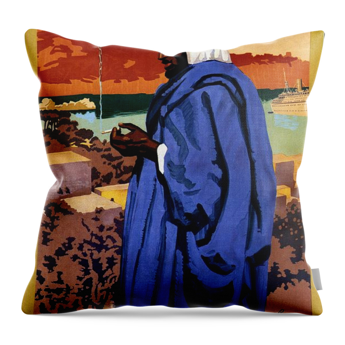 Canadian Pacific Throw Pillow featuring the painting Bedouin in a blue robe smoking cigarette - Vintage Advertising Poster for Canadian Pacific Steamship by Studio Grafiikka