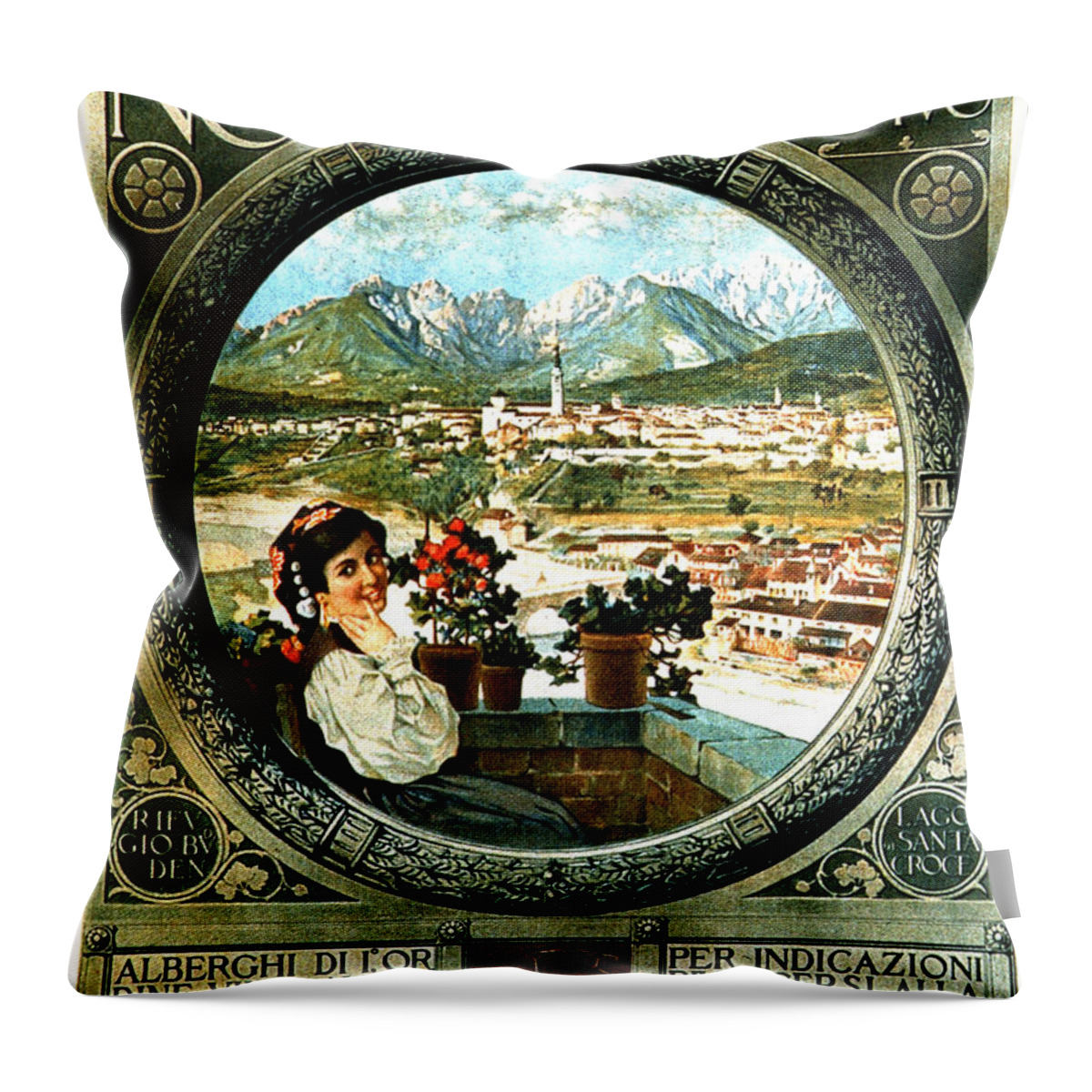 Vintage Throw Pillow featuring the mixed media Belluno, Italy - Dolomites - Vintage Italian Travel Poster by Studio Grafiikka