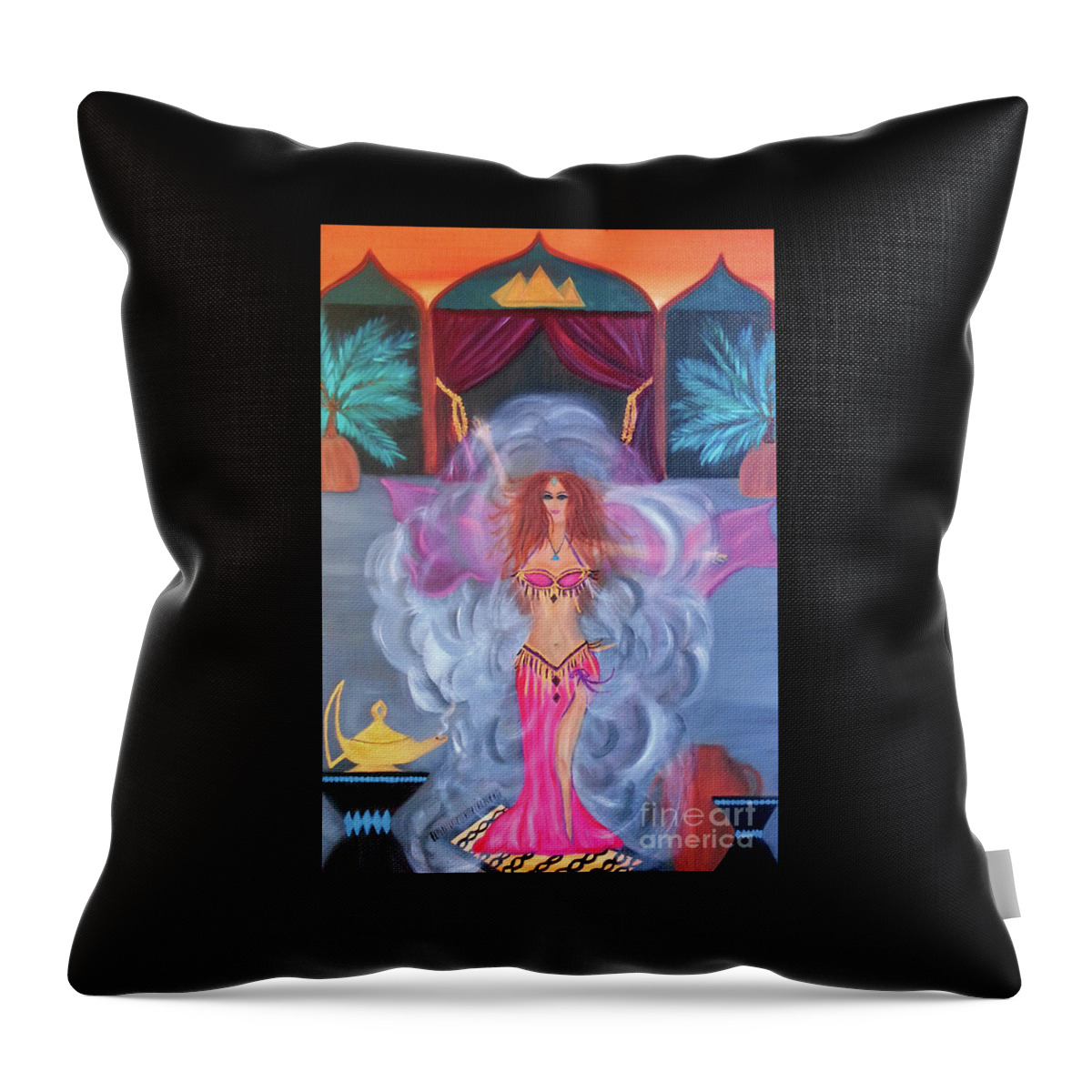 Belly Dance Throw Pillow featuring the painting Belly Dance Genie by Artist Linda Marie