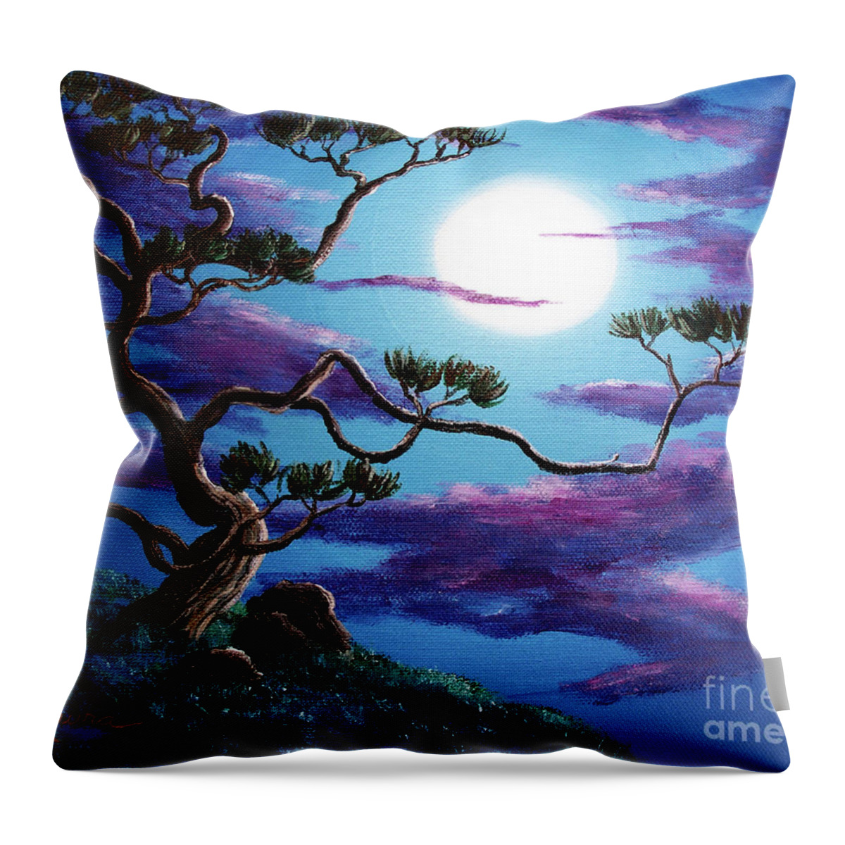 Zenbreeze Throw Pillow featuring the painting Bent Pine Tree at Moonrise by Laura Iverson