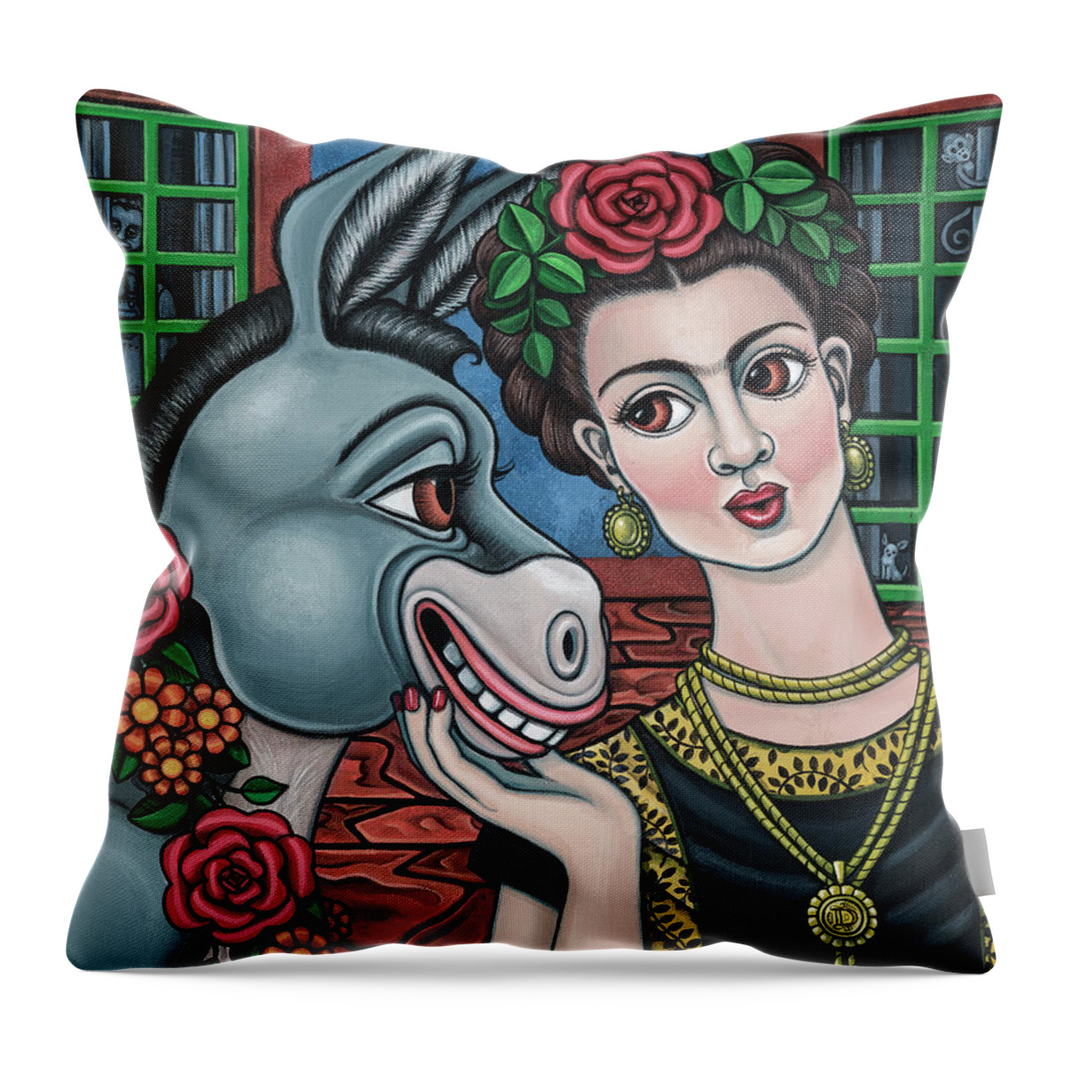 Hispanic Art Throw Pillow featuring the painting Beso or Fridas Kisses by Victoria De Almeida