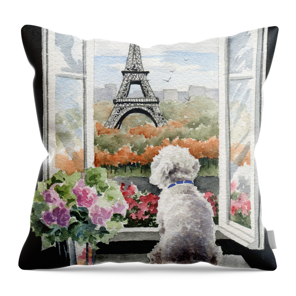 Bichon Throw Pillow featuring the painting Bichon Frise In Paris by David Rogers