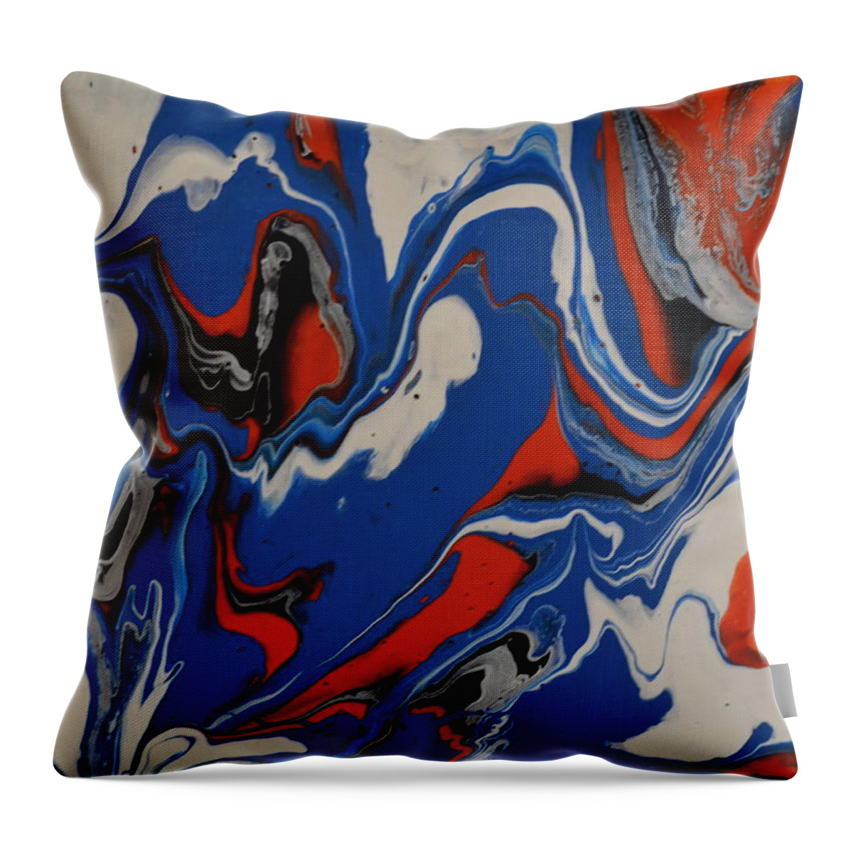 A Abstract Painting Of Large Blue Waves With White Tips. The Waves Are Picking Up Red And Black Sand From The Beach. Some Of The Blue Waves Are Curling Over. Throw Pillow featuring the painting Big Blue Waves by Martin Schmidt