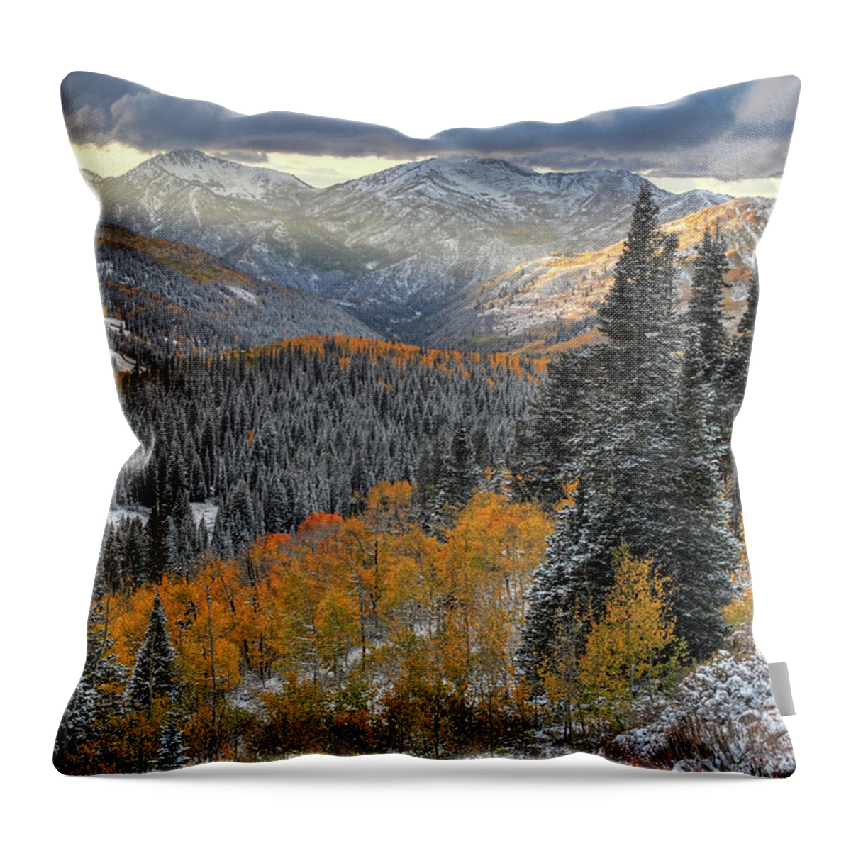 Utah Throw Pillow featuring the photograph Big Cottonwood Canyon Early Snow and Fall Color by Brett Pelletier