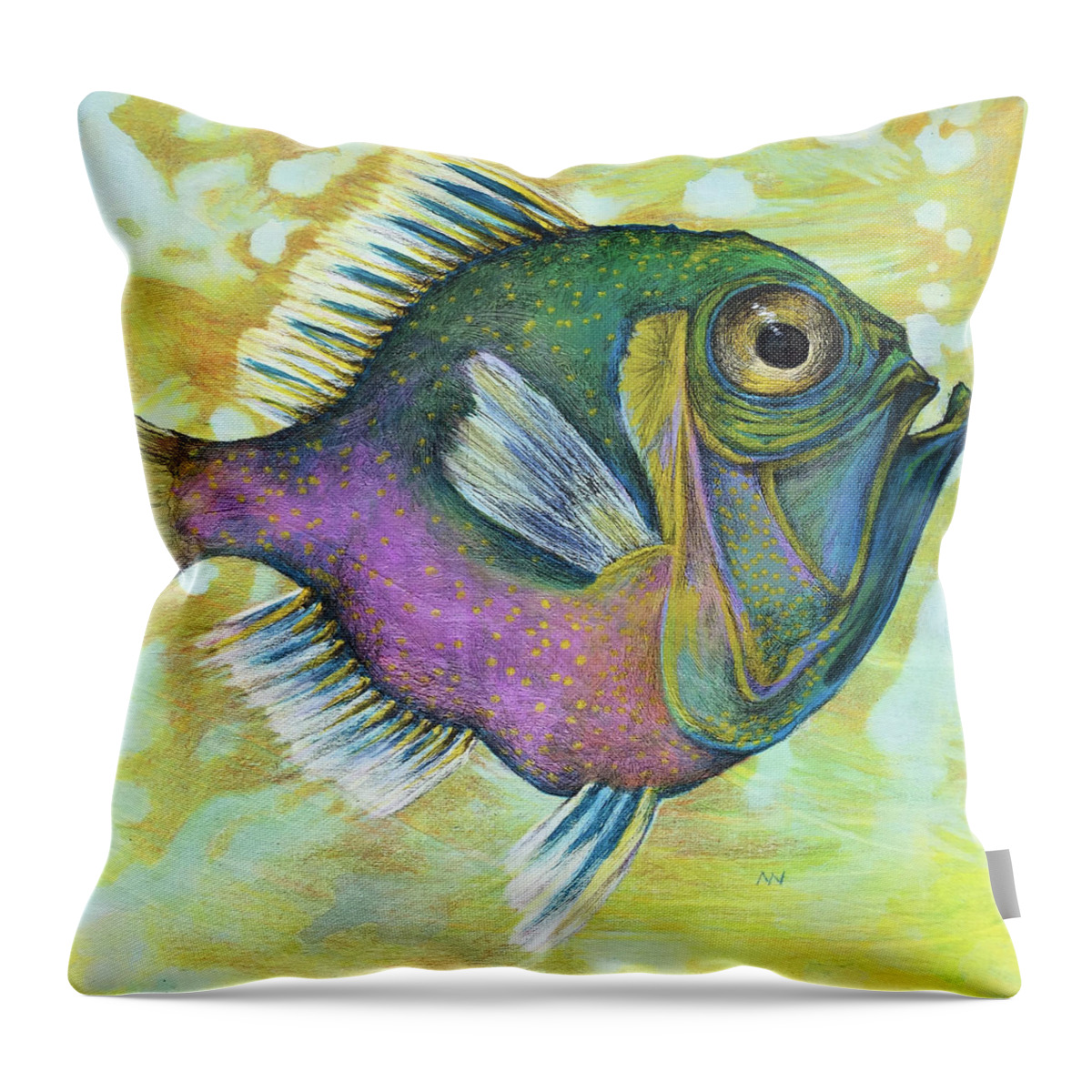 Big Eye Fish Throw Pillow featuring the mixed media Big Yellow Eye by AnneMarie Welsh