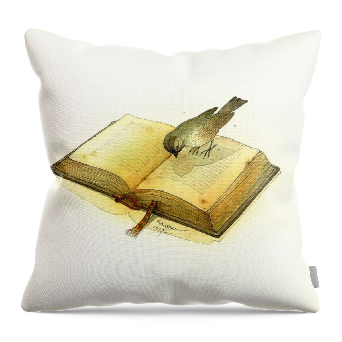 Book Bird Throw Pillow featuring the painting Bird and Book by Kestutis Kasparavicius