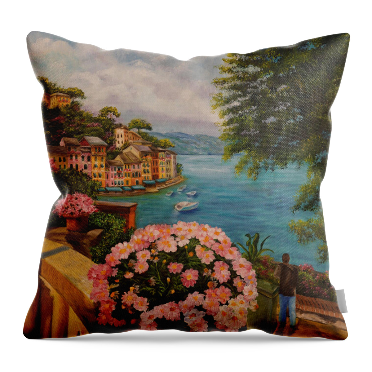 Portofino Italy Art Throw Pillow featuring the painting Bird's Eye View of Portofino by Charlotte Blanchard
