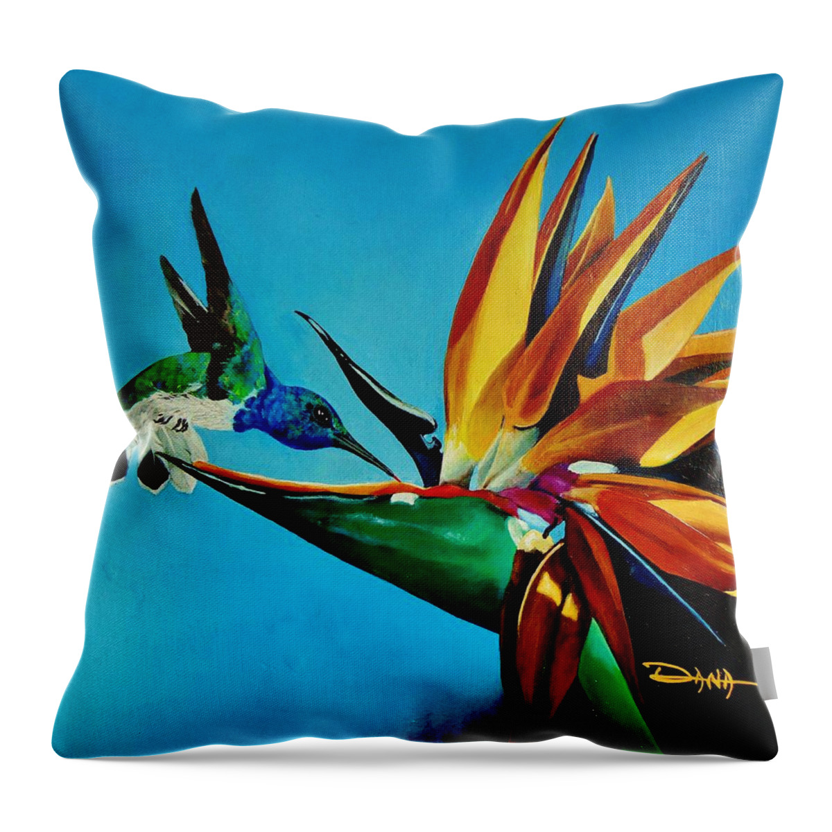 Birds Throw Pillow featuring the painting Birds of Paradise with White necked Jacobin hummingbird by Dana Newman