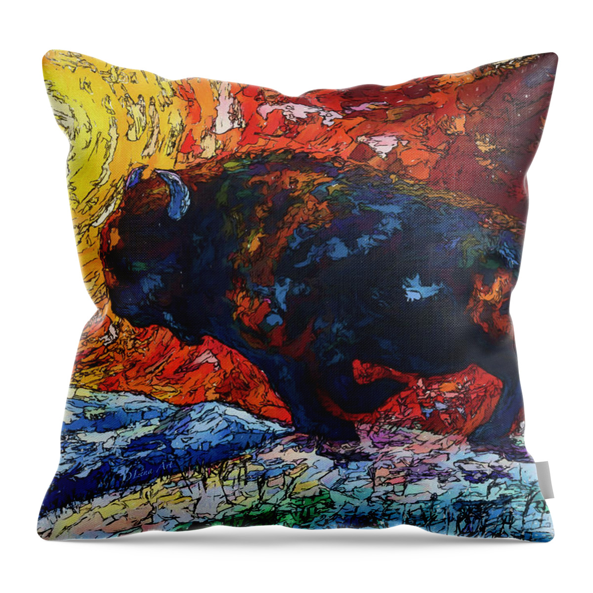 Animal Throw Pillow featuring the painting Bison Running print of OLena Art Wild the Storm Oil Painting With Palette Knife by O Lena